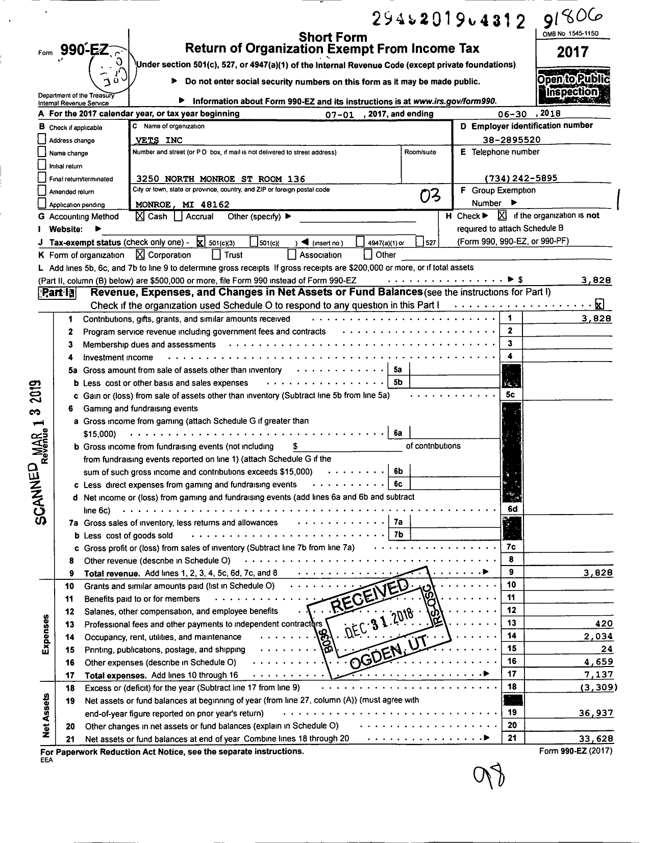 Image of first page of 2017 Form 990EZ for Vets Incorporated