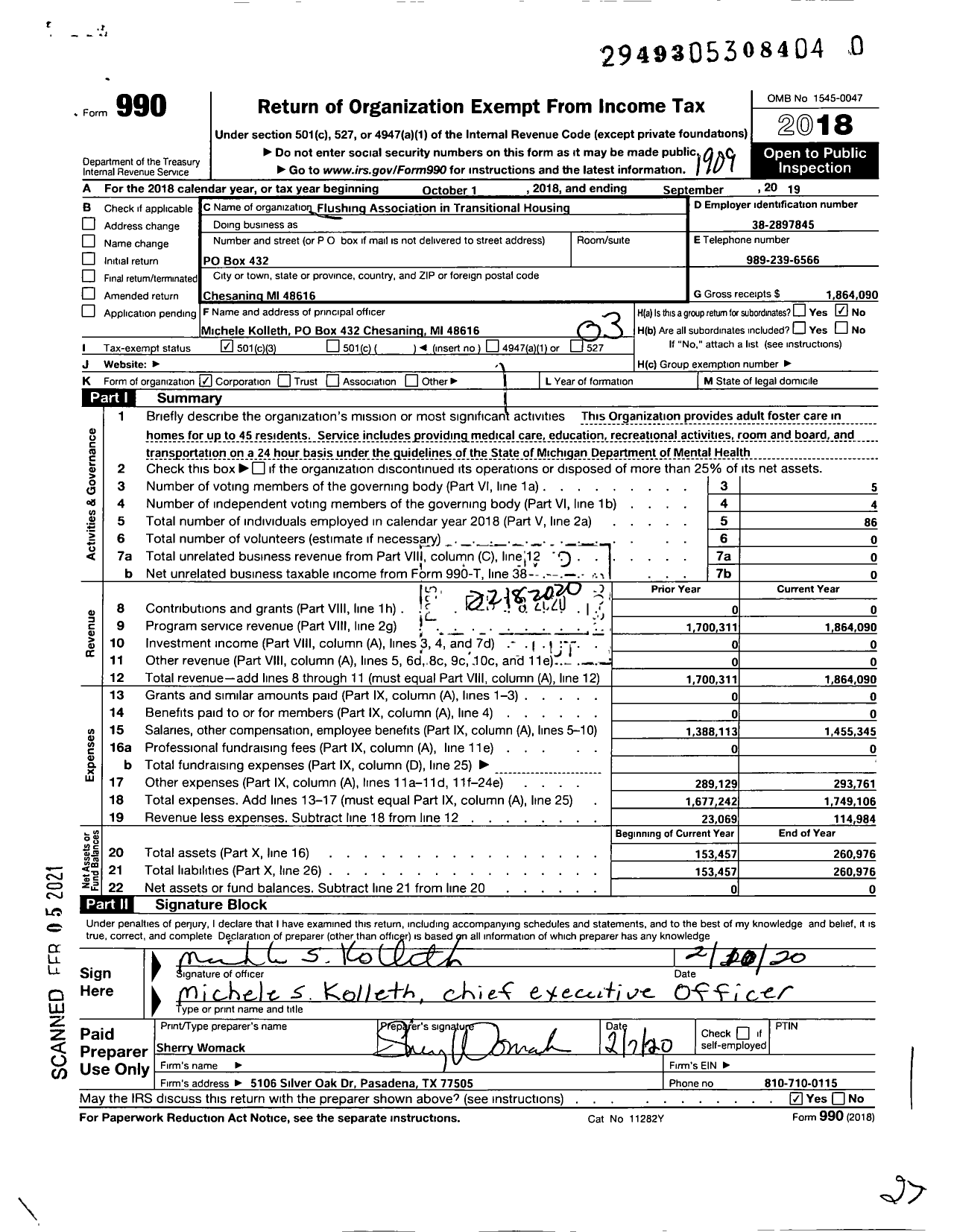 Image of first page of 2018 Form 990 for Flushing Association in Transitional Housing