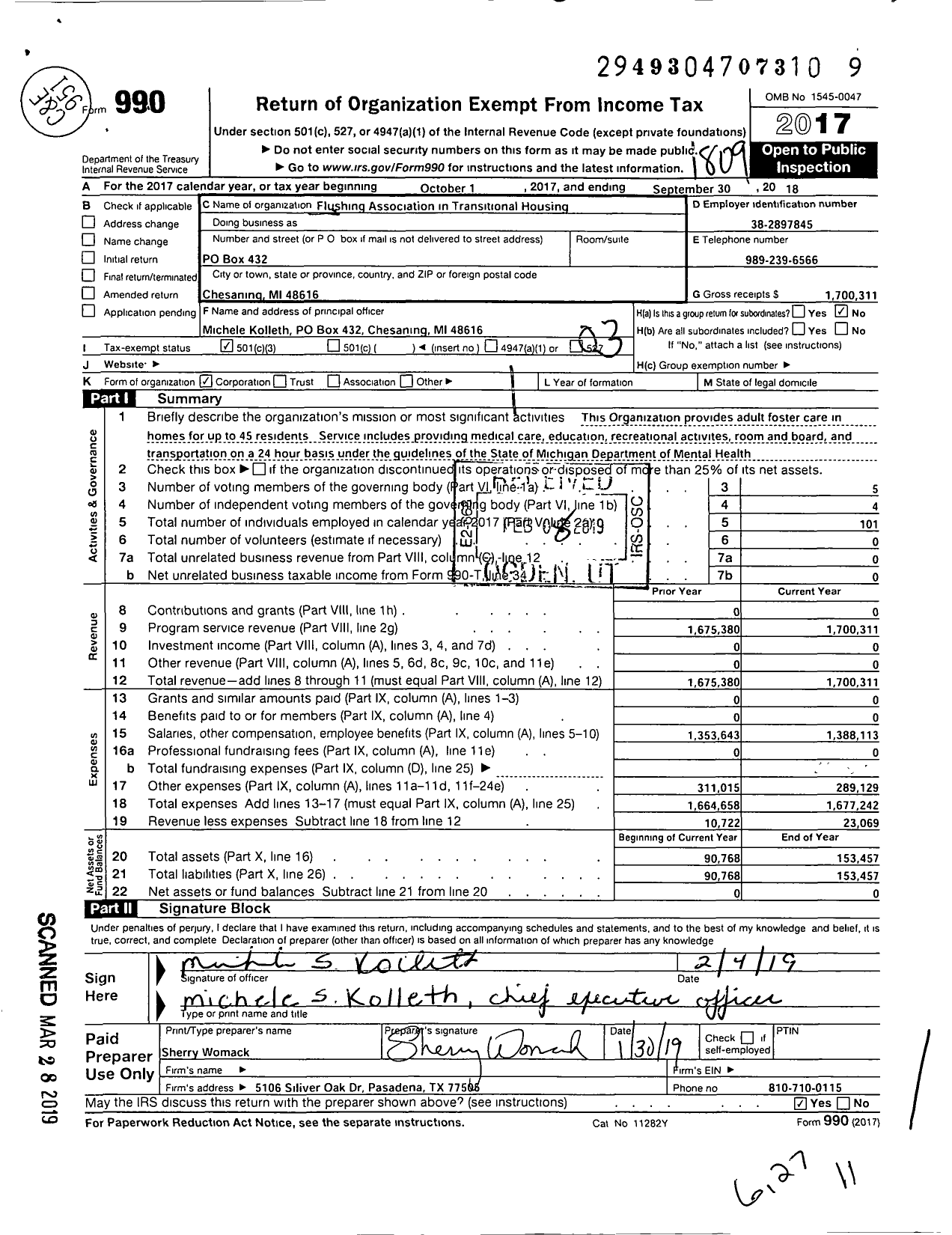 Image of first page of 2017 Form 990 for Flushing Association in Transitional Housing