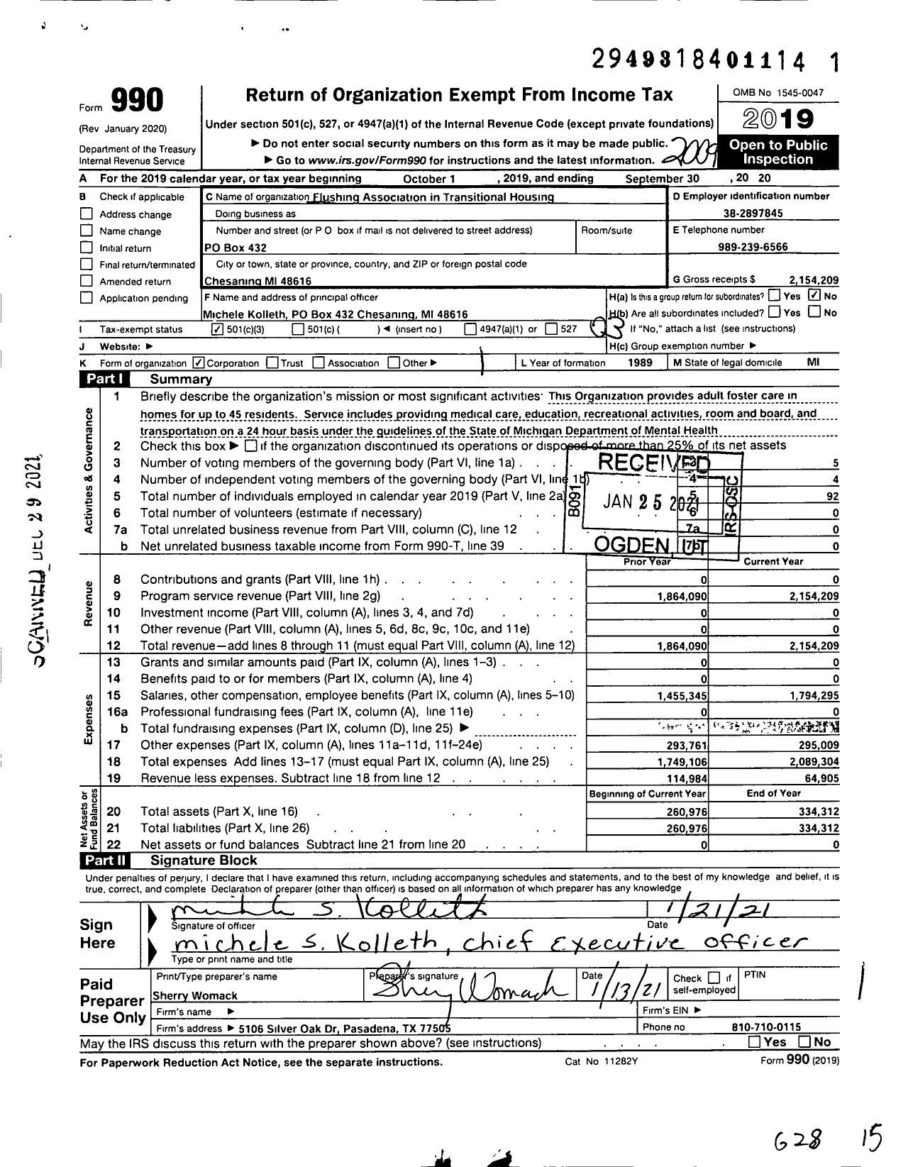 Image of first page of 2019 Form 990 for Flushing Association in Transitional Housing