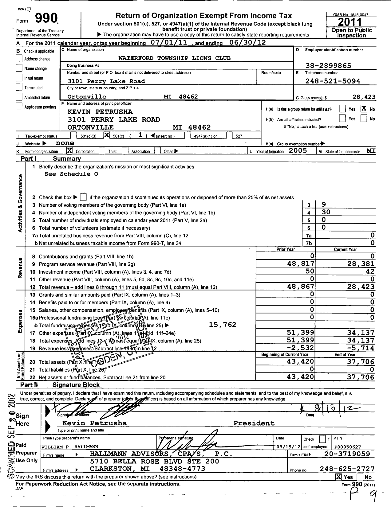 Image of first page of 2011 Form 990O for Waterford Township Lions Club