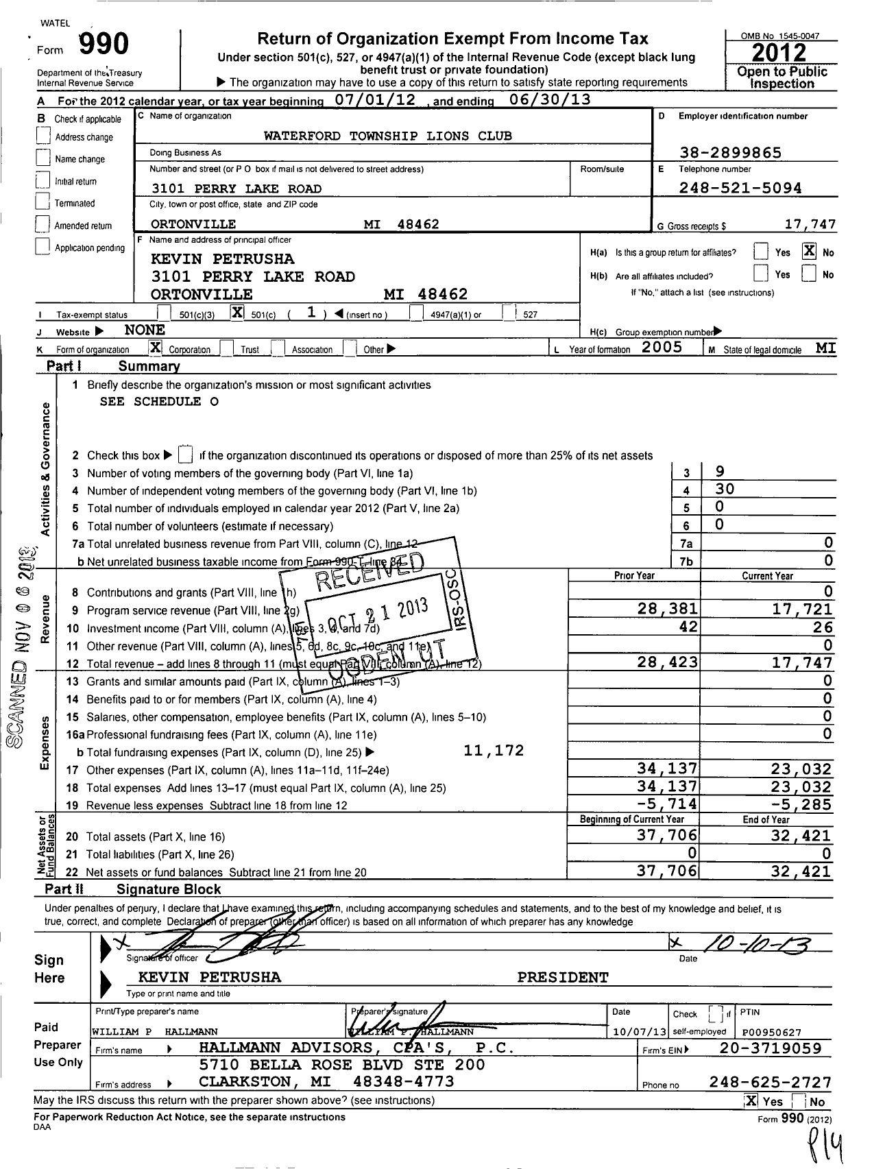 Image of first page of 2012 Form 990O for Waterford Township Lions Club