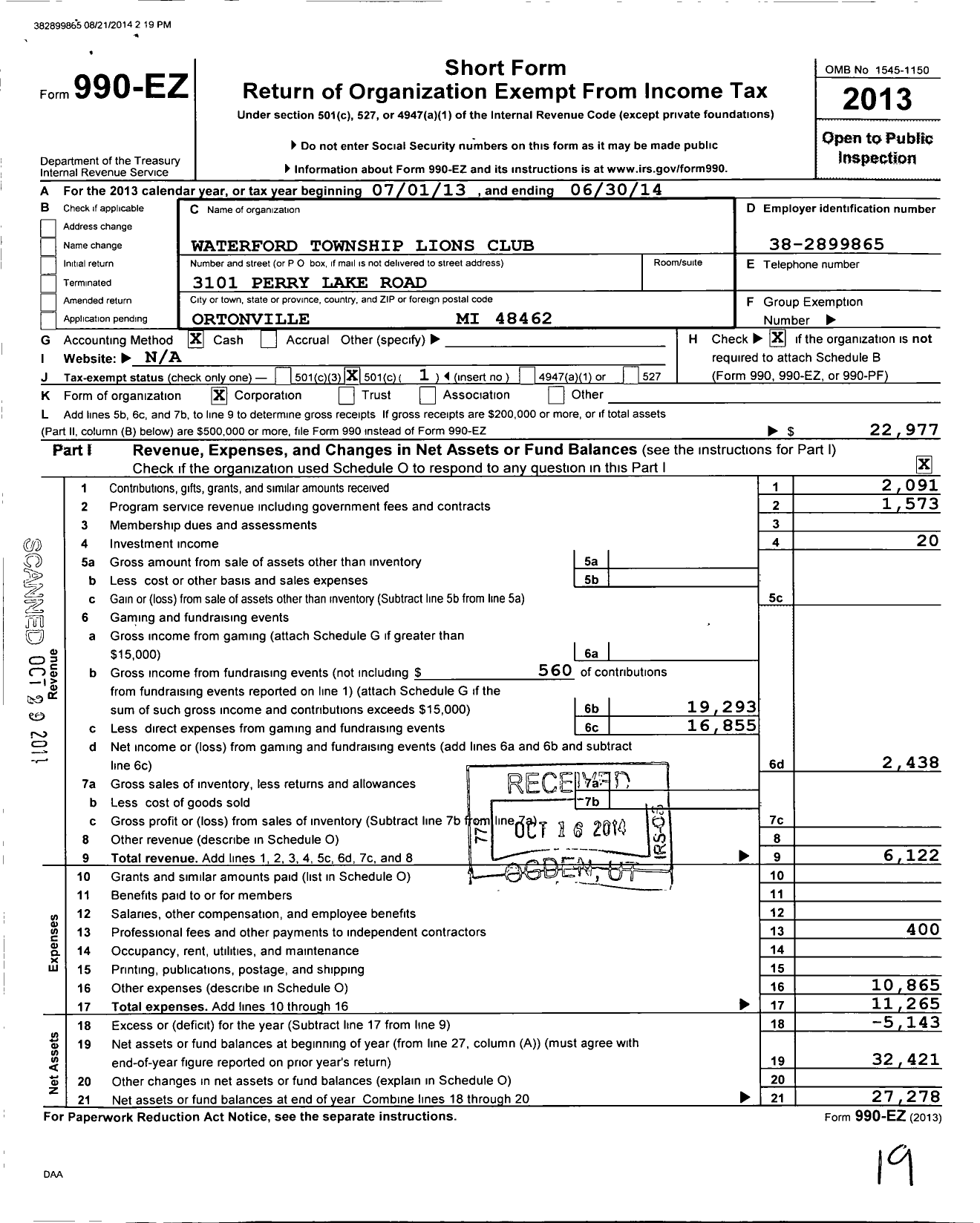 Image of first page of 2013 Form 990EO for Waterford Township Lions Club