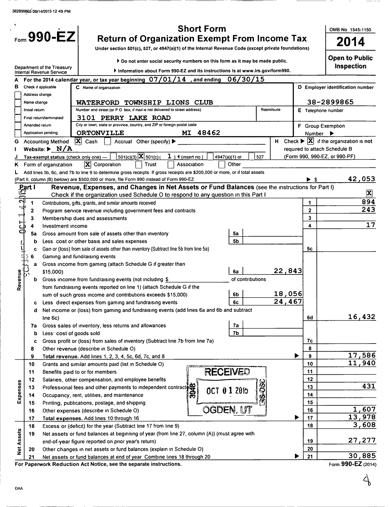 Image of first page of 2014 Form 990EO for Waterford Township Lions Club