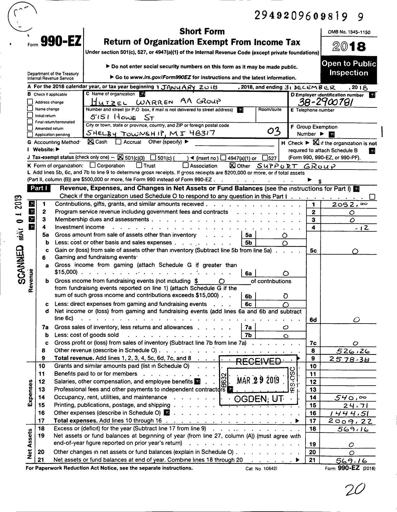 Image of first page of 2018 Form 990EZ for Hutzel Warren Aa Group