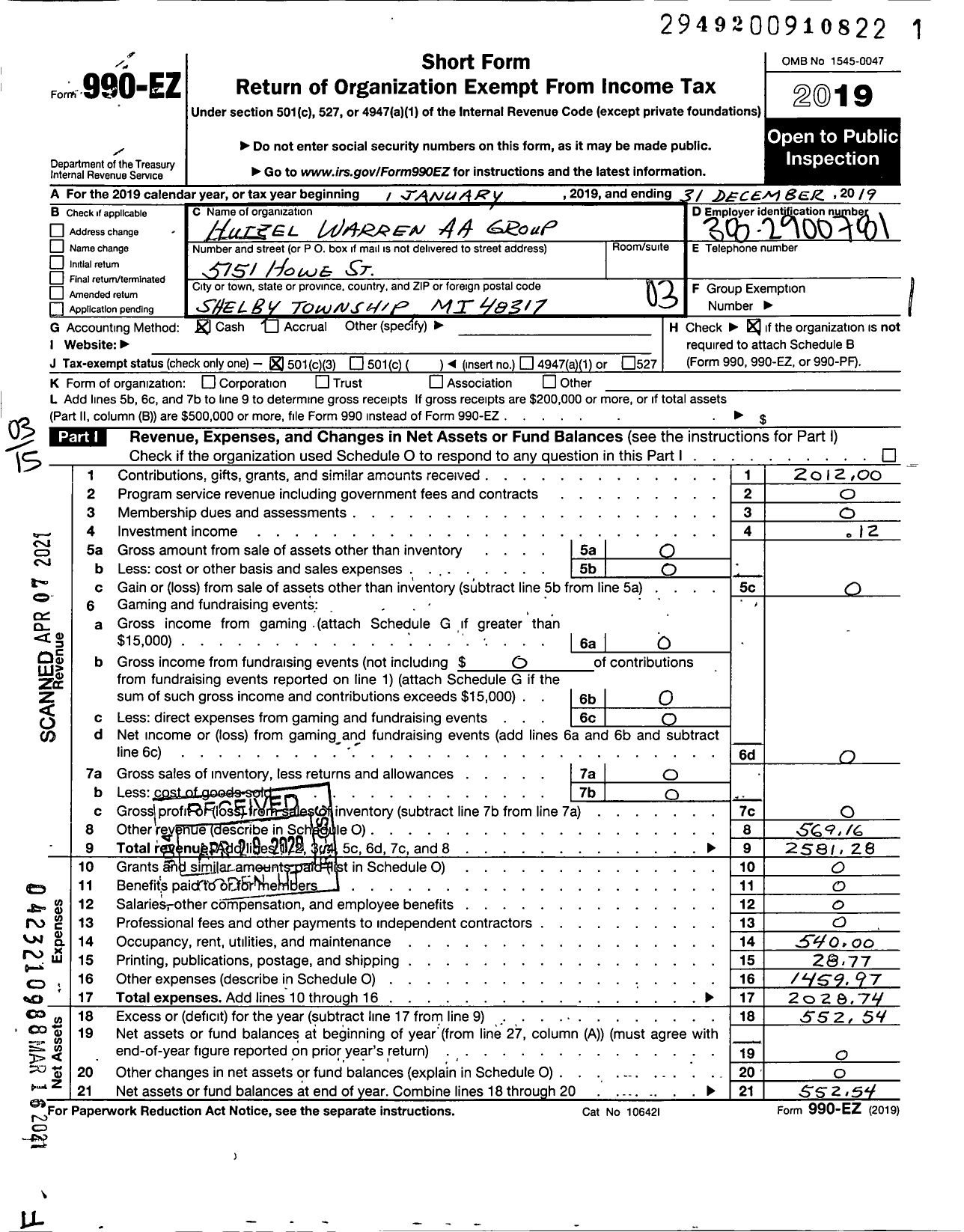 Image of first page of 2019 Form 990EZ for Hutzel Warren Aa Group