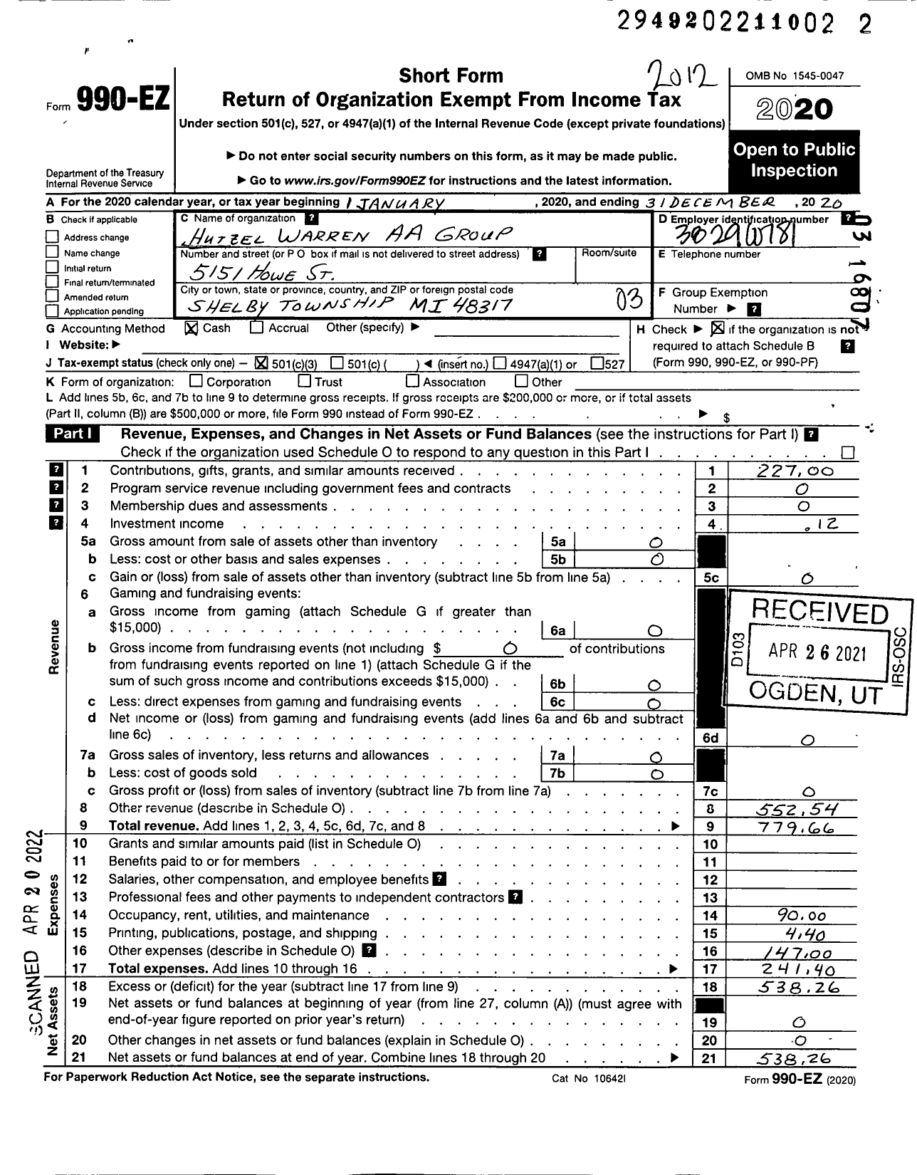 Image of first page of 2020 Form 990EZ for Hutzel Warren Aa Group