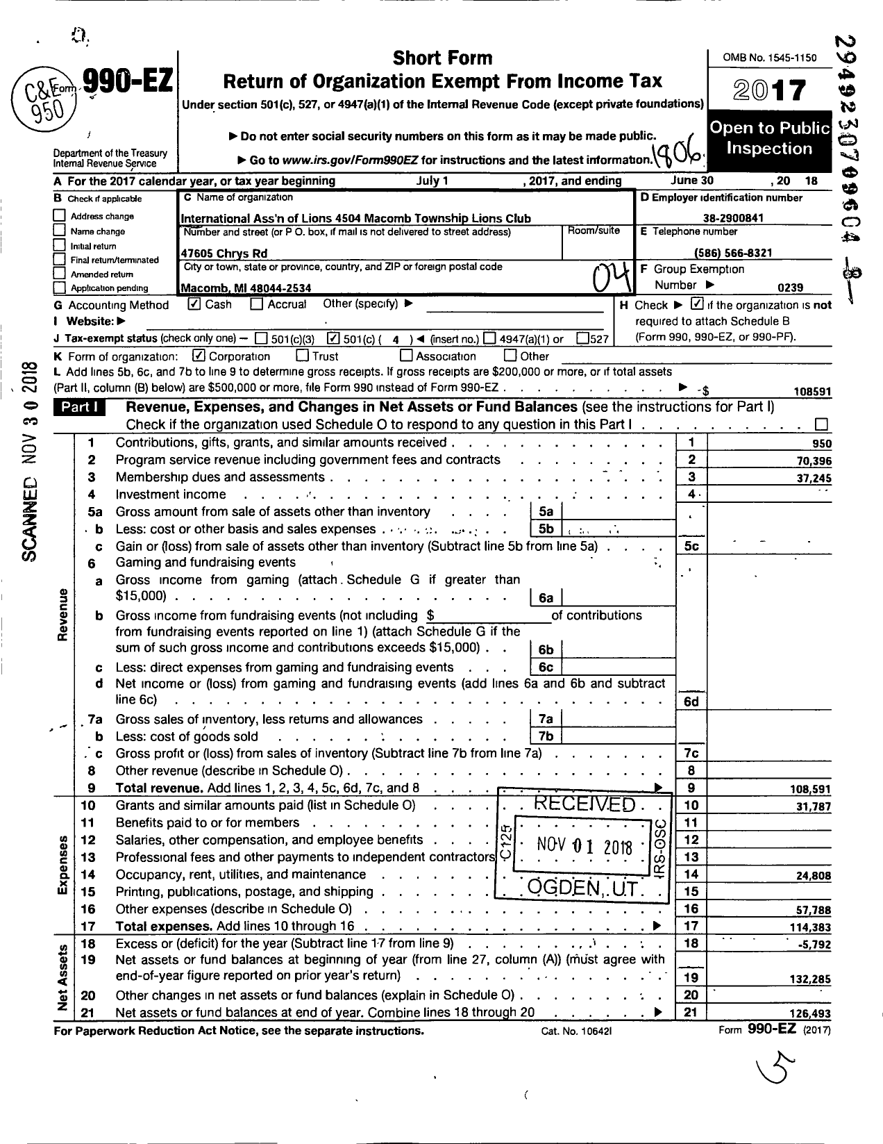 Image of first page of 2017 Form 990EO for Lions Clubs - 4504 Macomb Township L C