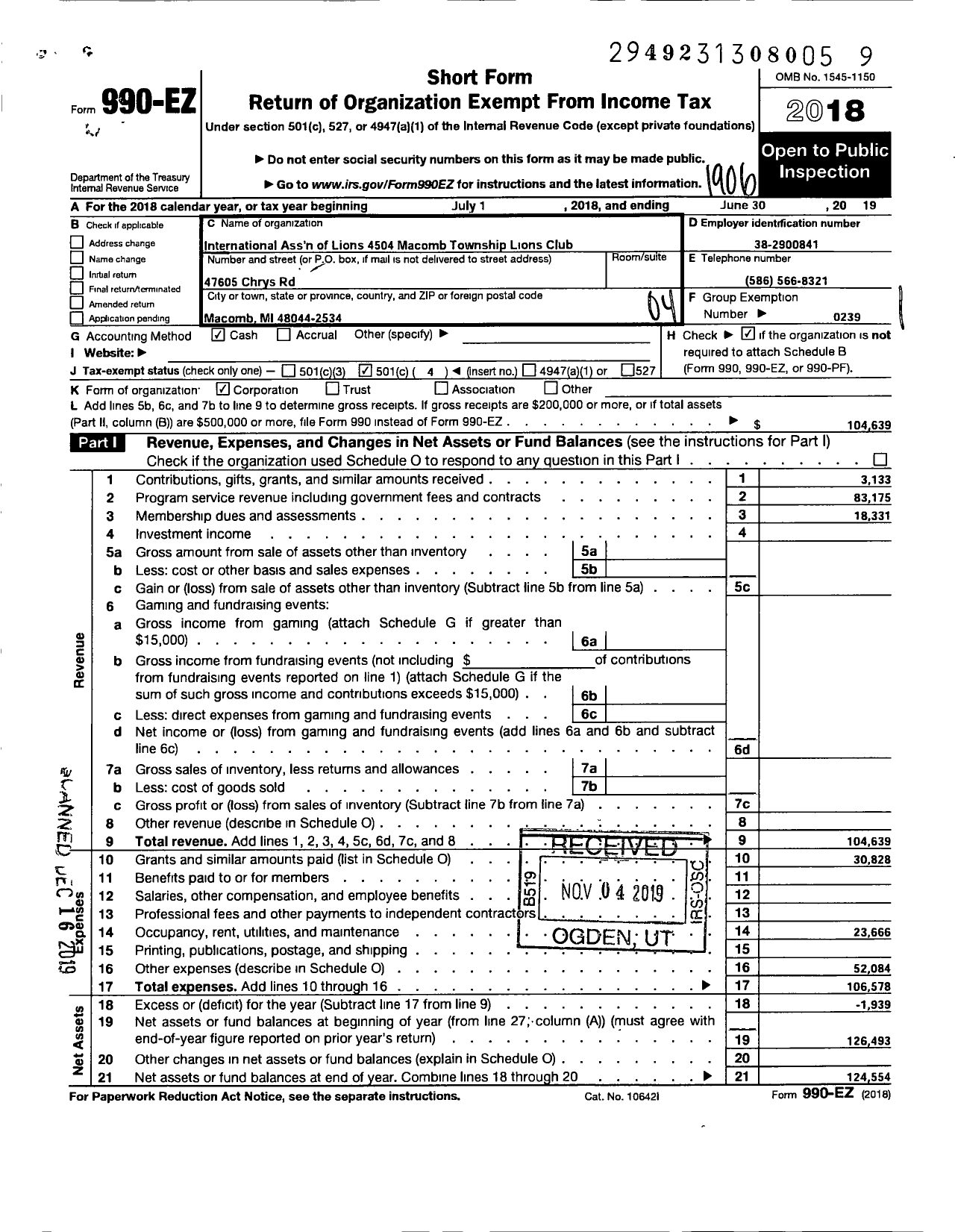 Image of first page of 2018 Form 990EO for Lions Clubs - 4504 Macomb Township L C