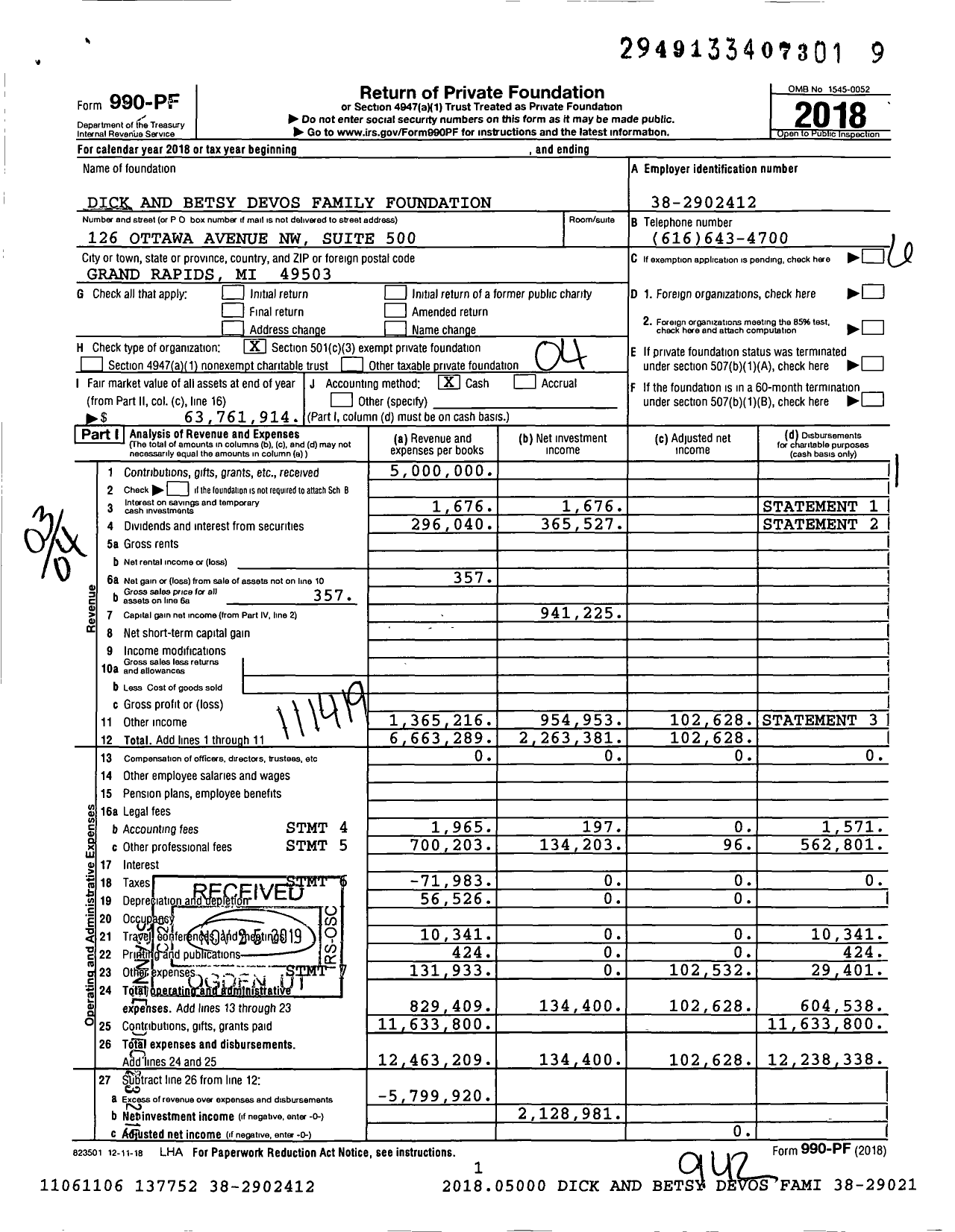 Image of first page of 2018 Form 990PF for Dick and Betsy Devos Family Foundation