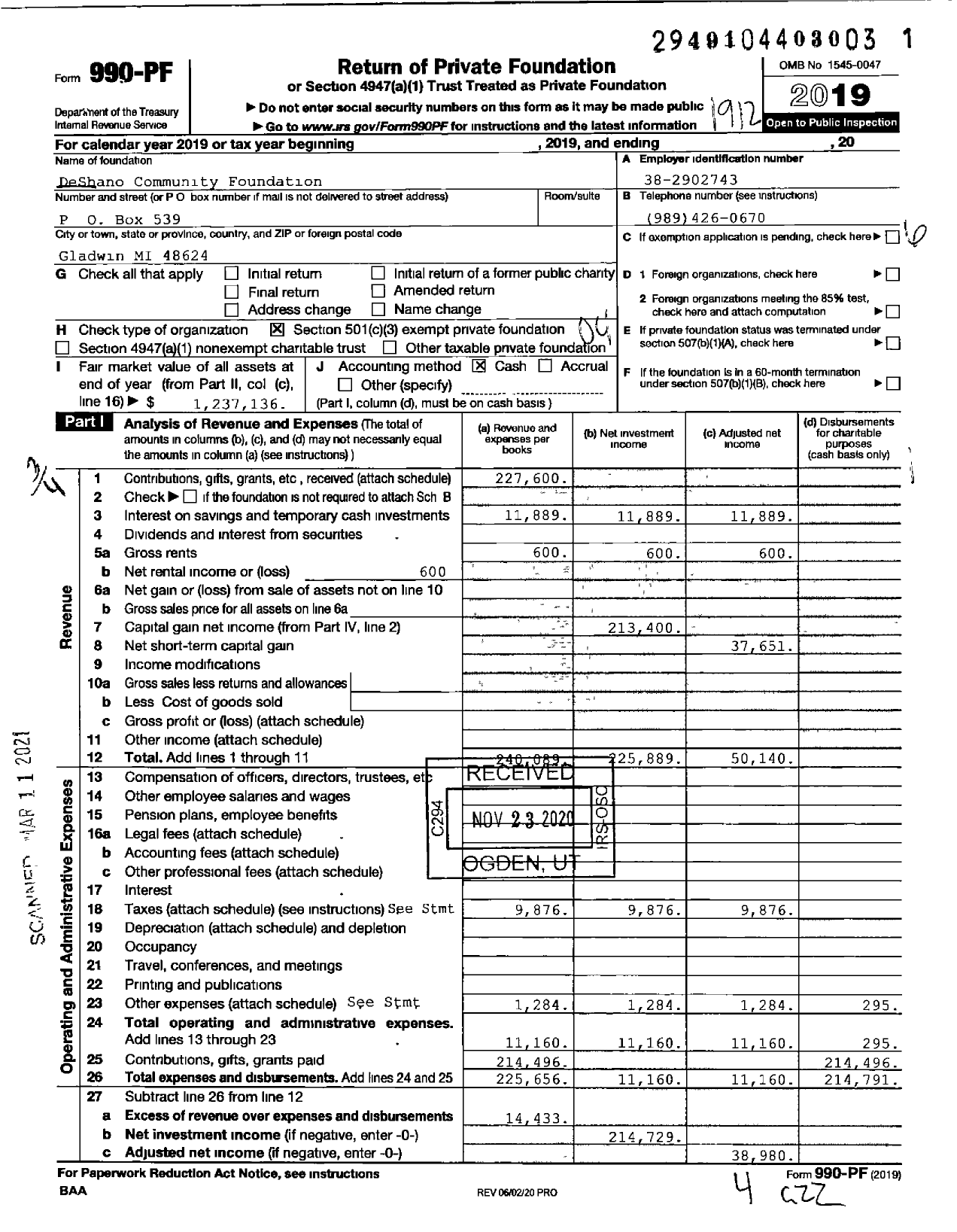 Image of first page of 2019 Form 990PF for DeShano Community Foundation