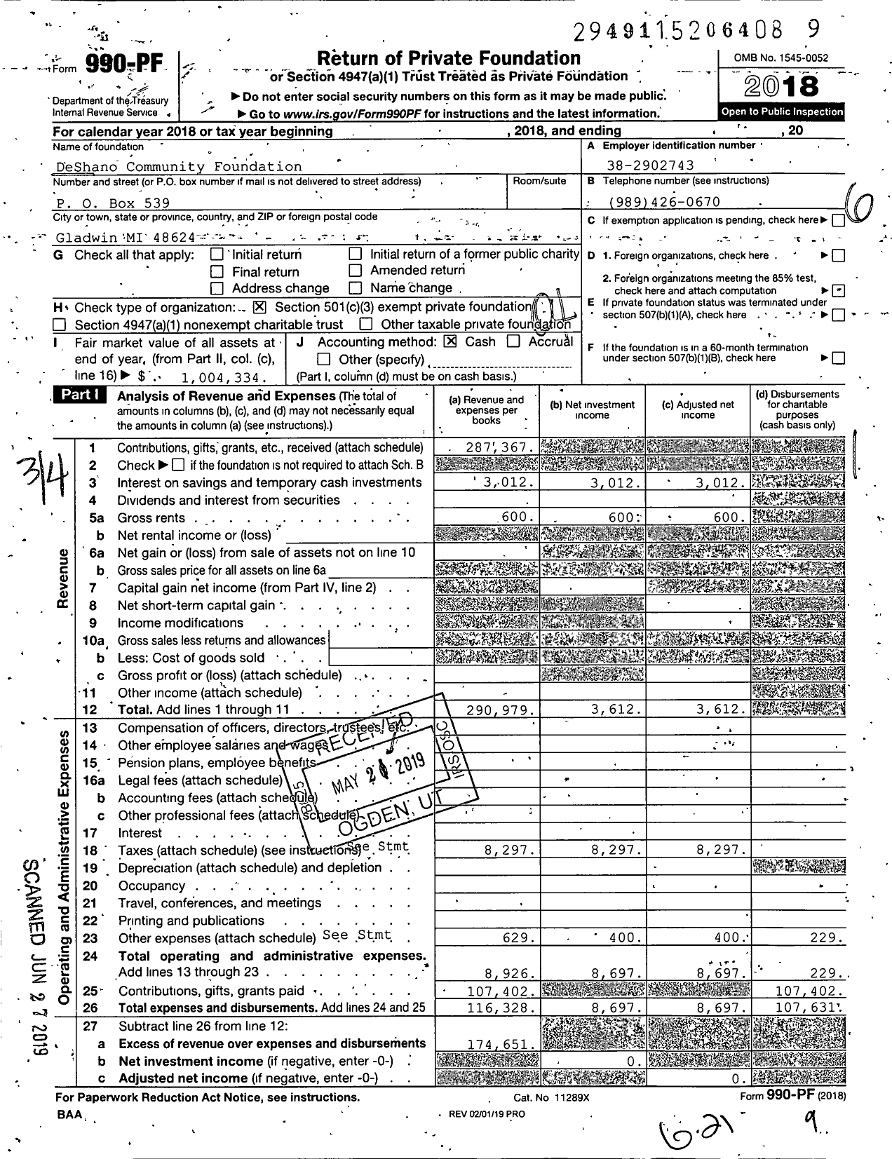 Image of first page of 2018 Form 990PF for DeShano Community Foundation