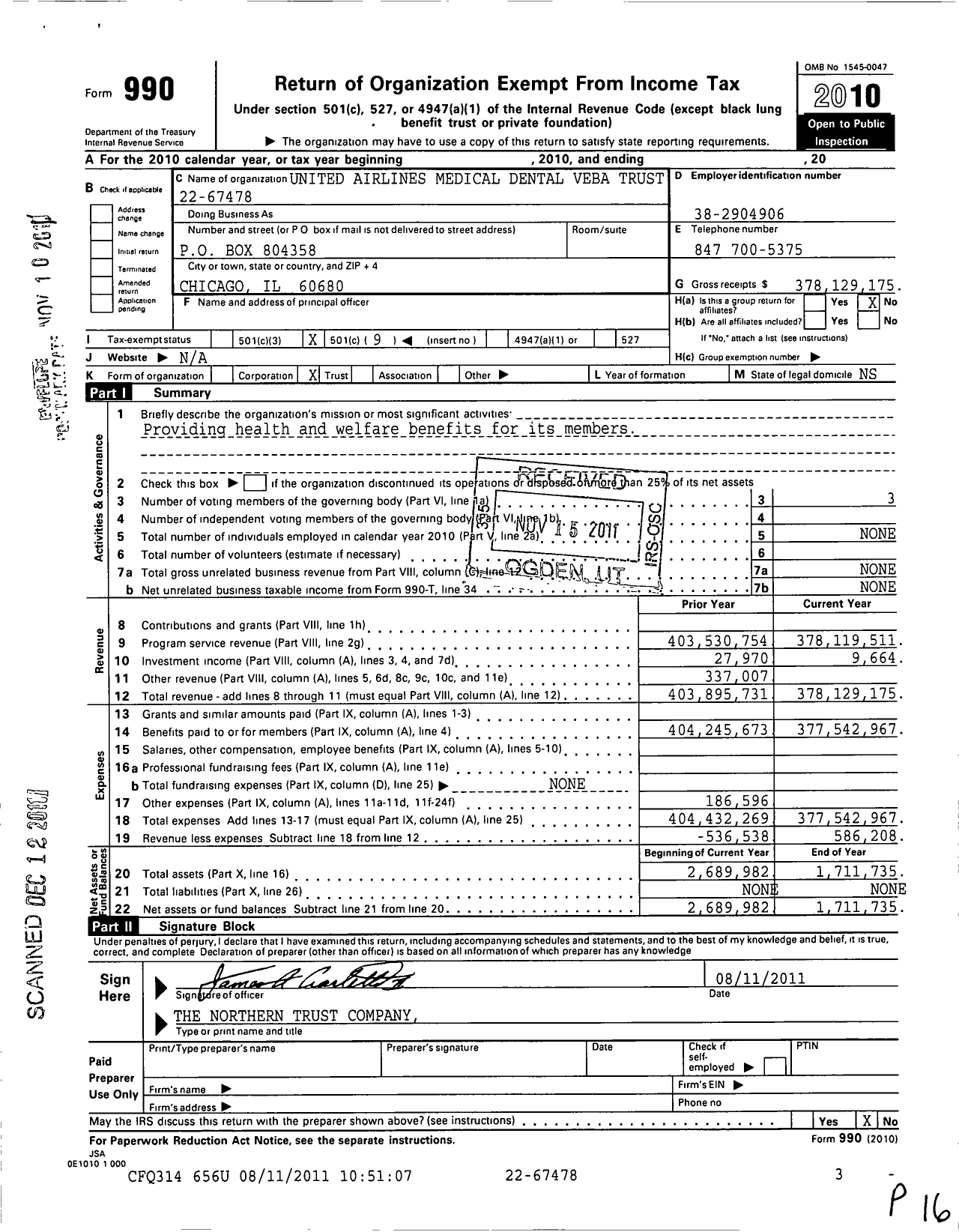 Image of first page of 2010 Form 990O for United Airlines Lines Medical-Dental Veba Trust