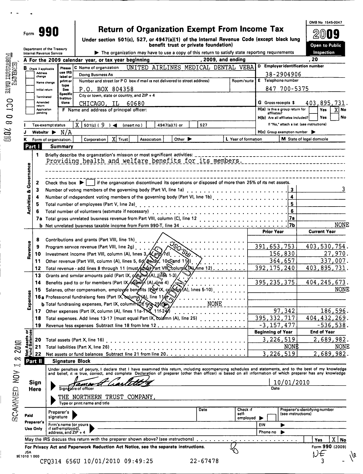 Image of first page of 2009 Form 990O for United Airlines Lines Medical-Dental Veba Trust