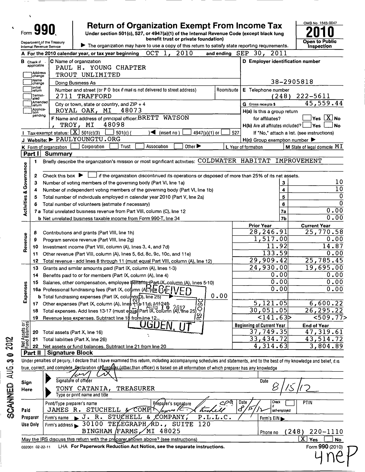 Image of first page of 2010 Form 990 for Trout Unlimited - Peter Kennedy