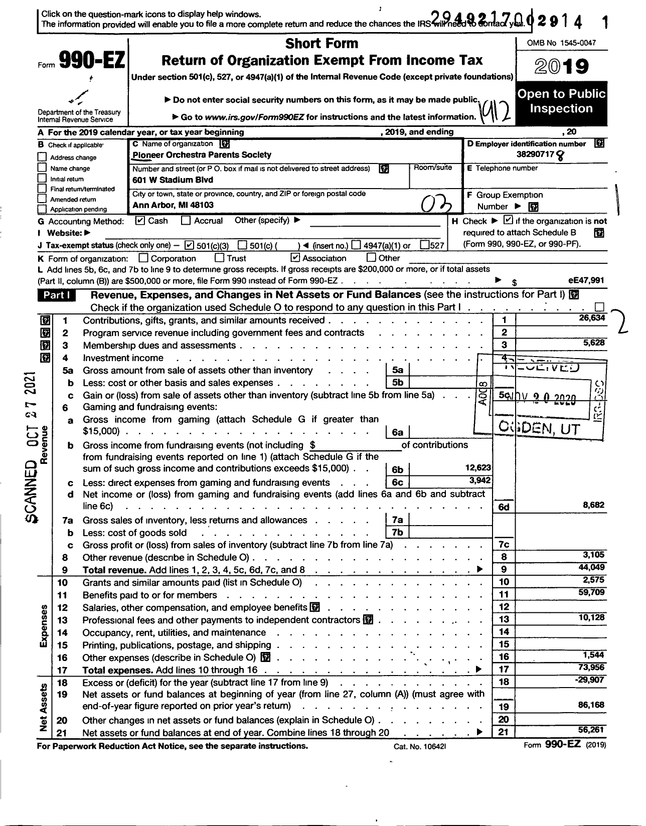 Image of first page of 2019 Form 990EZ for Pioneer Orchestra Parents Society