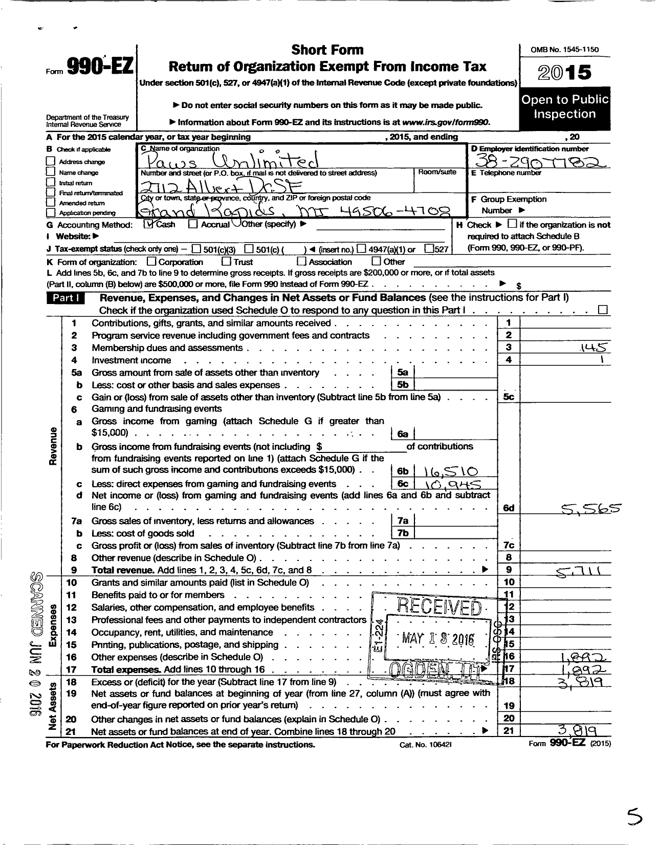 Image of first page of 2015 Form 990EO for Paws Unlimited