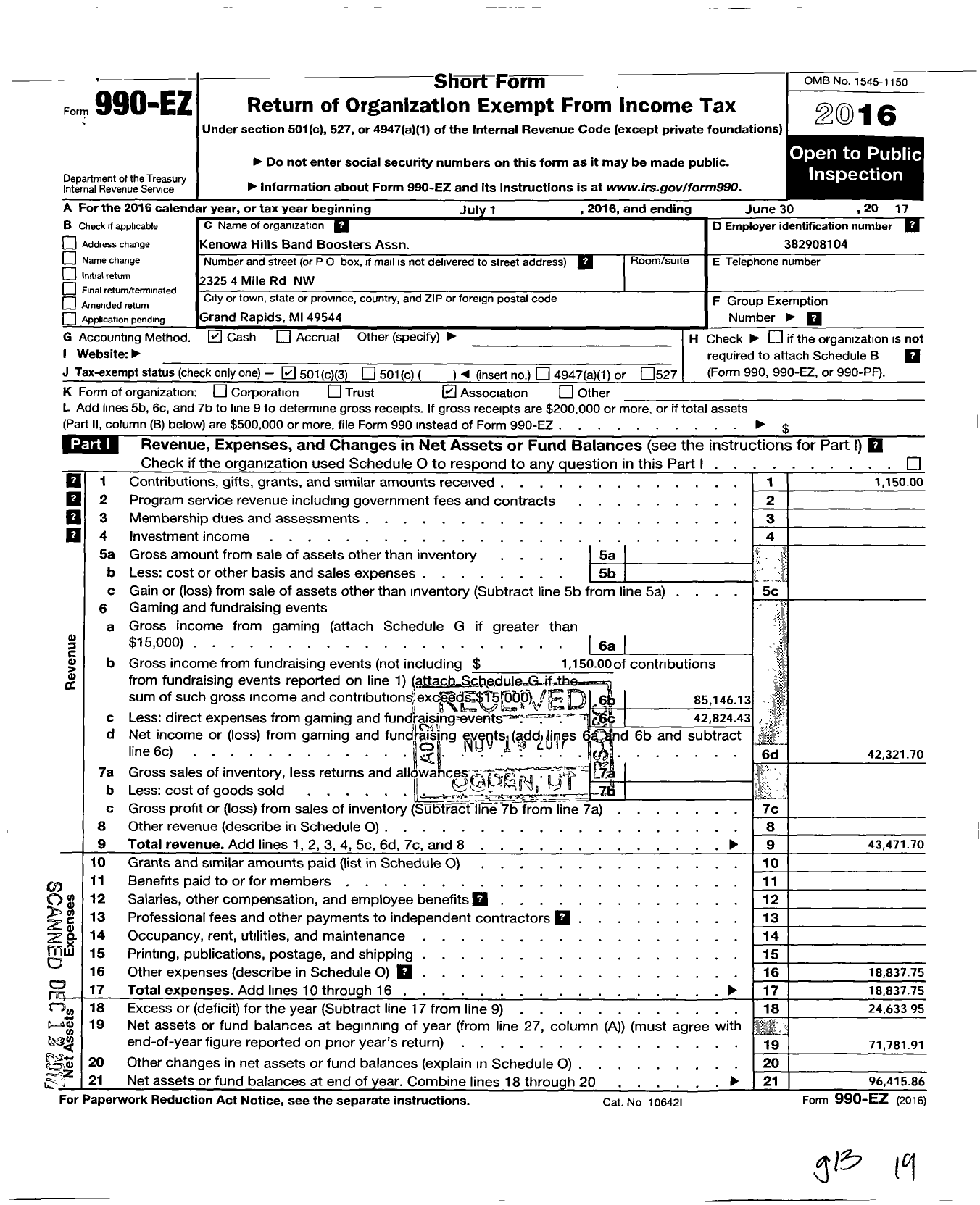 Image of first page of 2016 Form 990EZ for Kenowa Hills Band Boosters Association