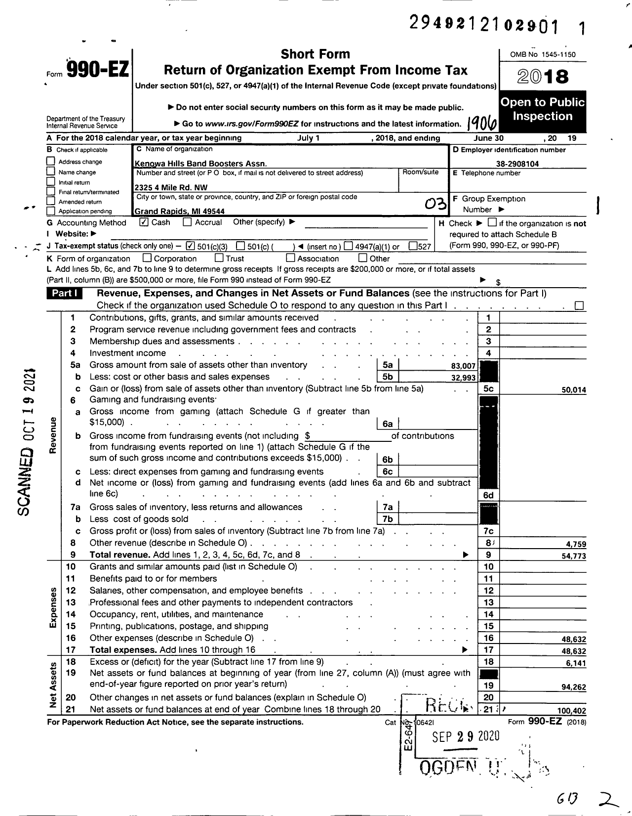 Image of first page of 2018 Form 990EZ for Kenowa Hills Band Boosters Association