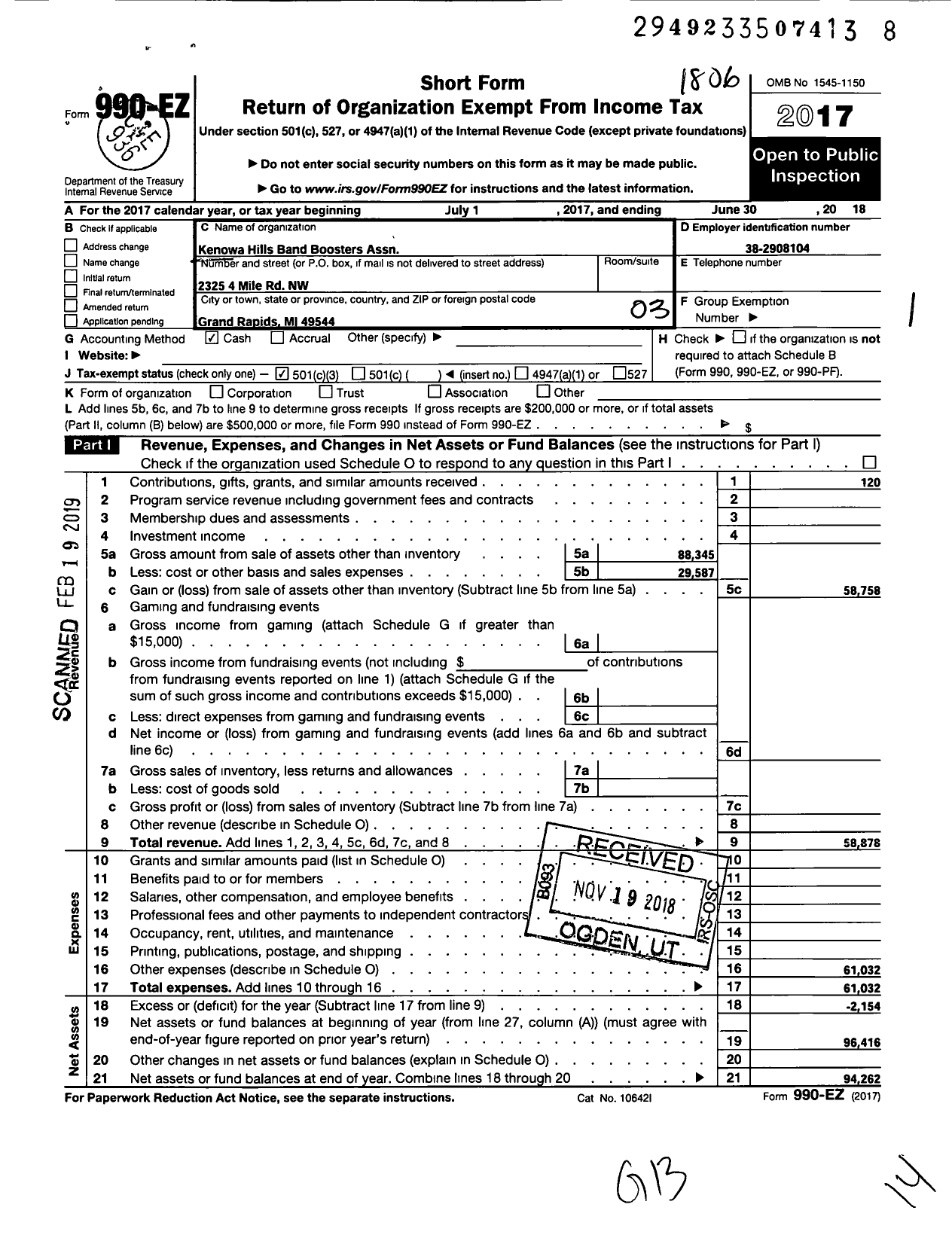 Image of first page of 2017 Form 990EZ for Kenowa Hills Band Boosters Association