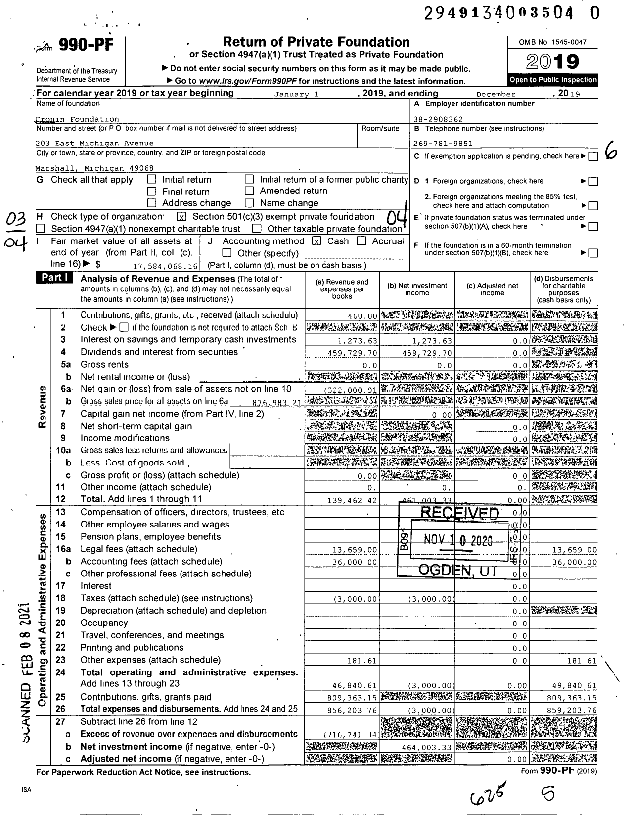 Image of first page of 2019 Form 990PF for Cronin Foundation