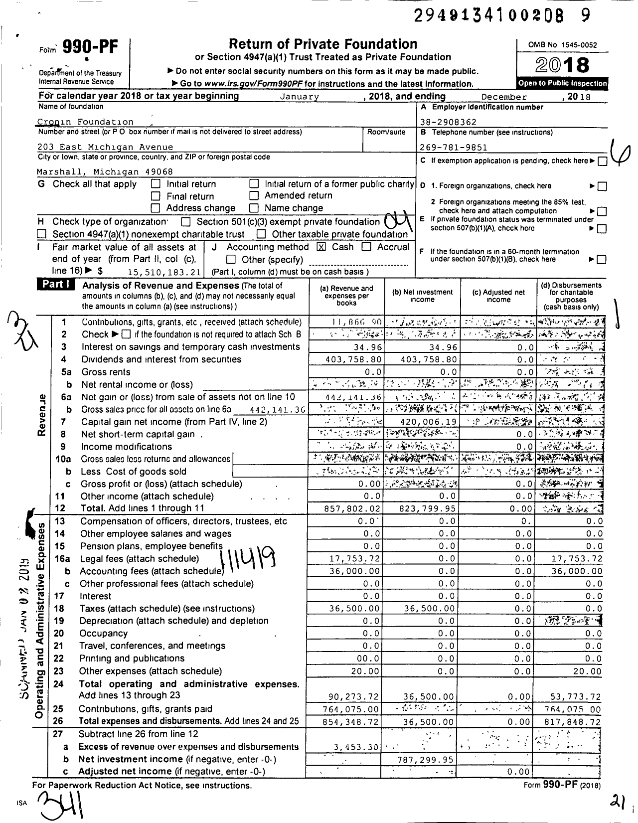 Image of first page of 2018 Form 990PF for Cronin Foundation