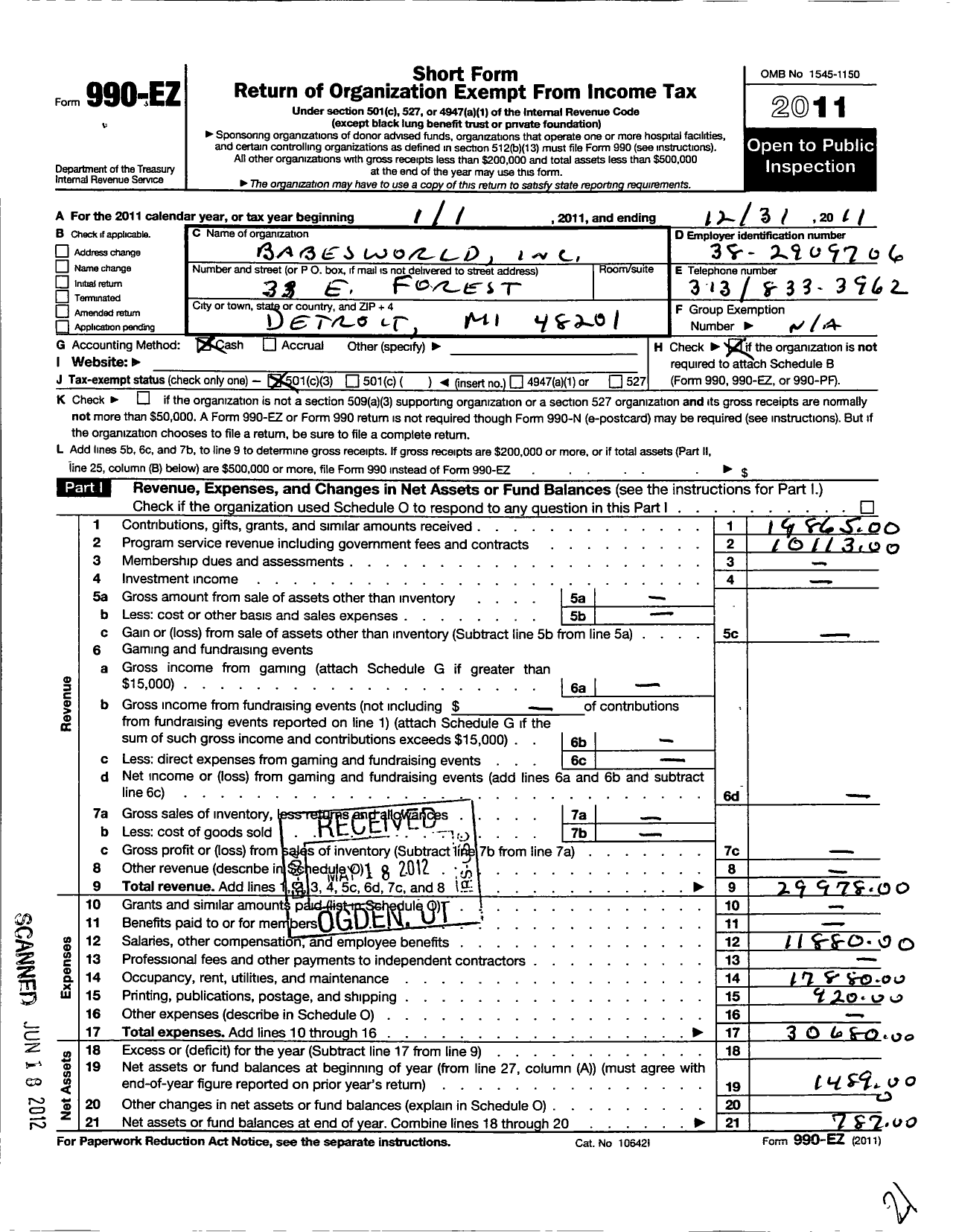 Image of first page of 2011 Form 990EZ for Babesworld