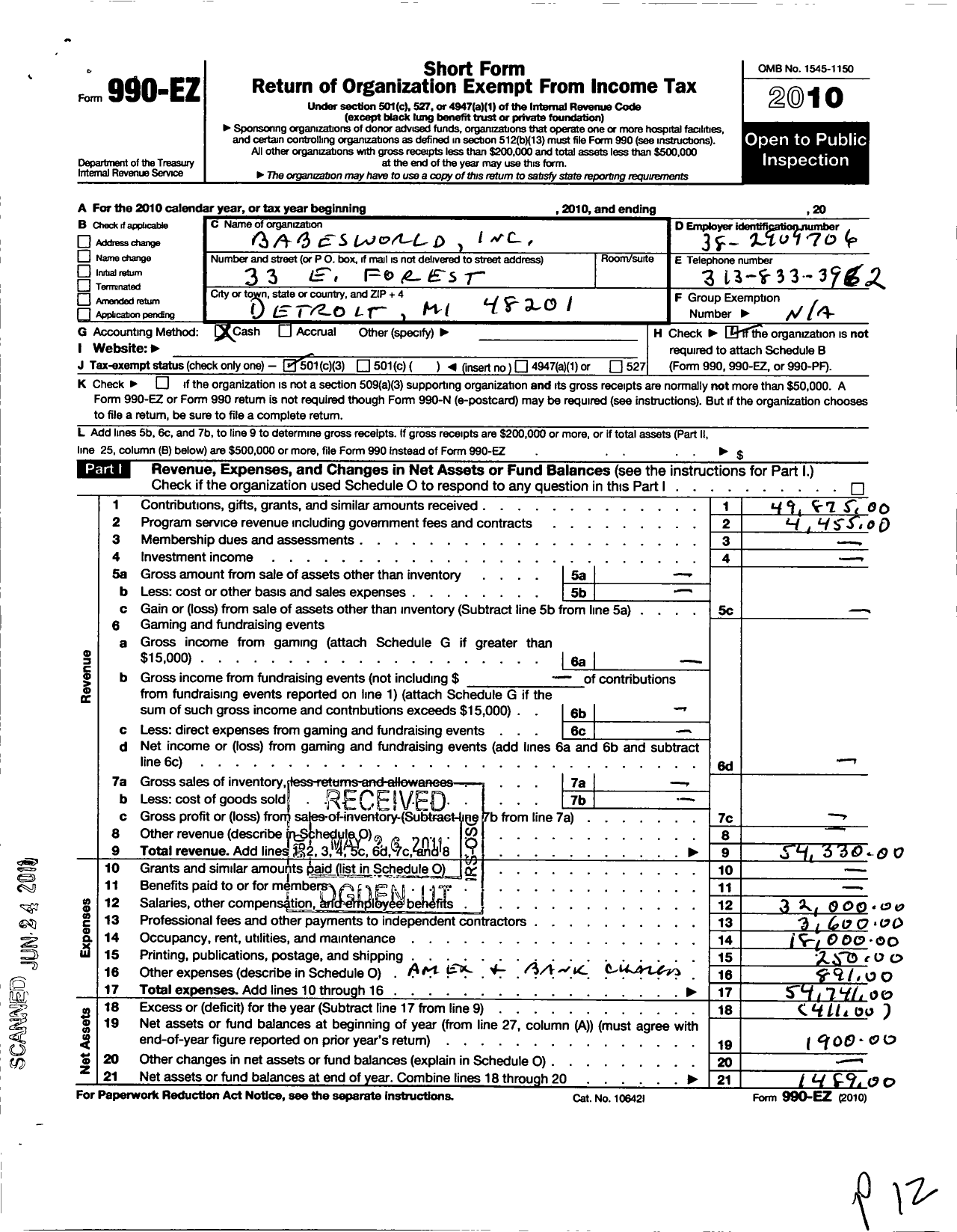 Image of first page of 2010 Form 990EZ for Babesworld