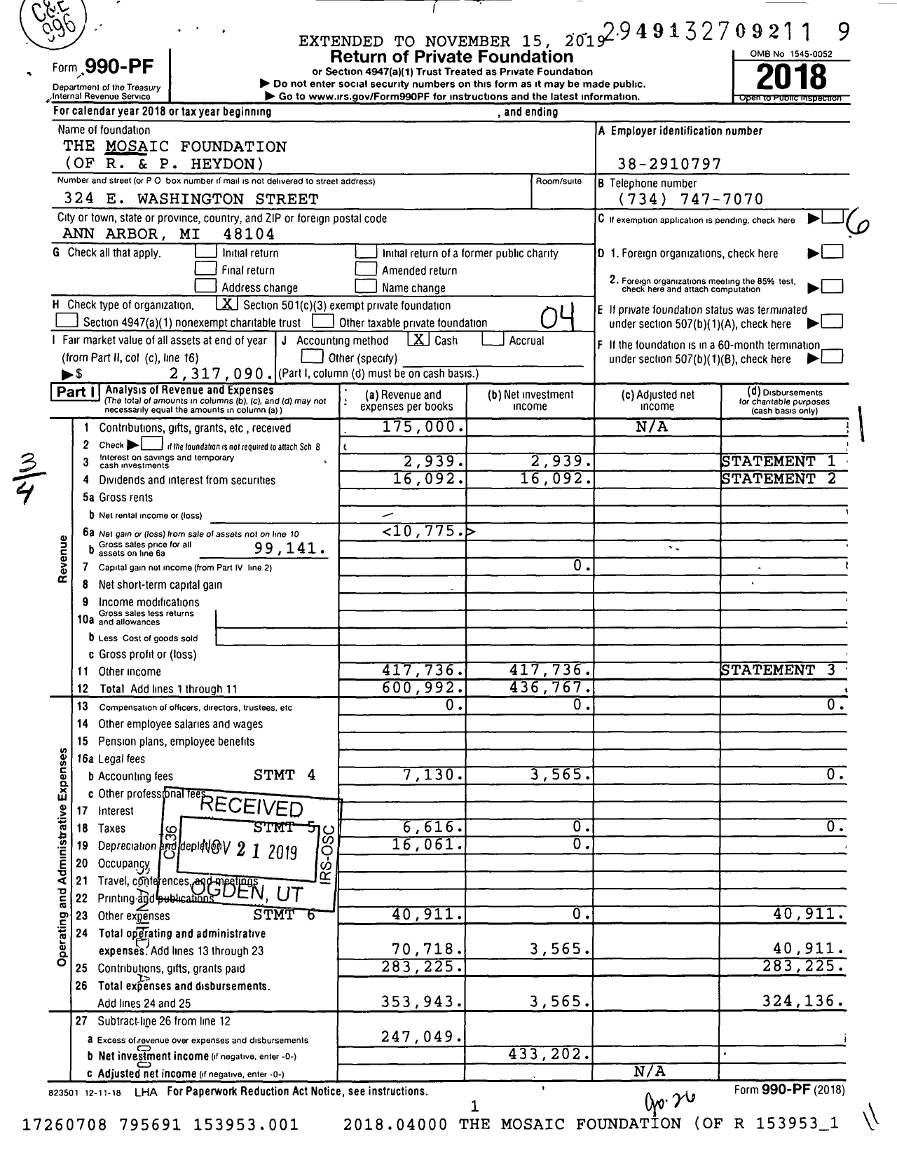 Image of first page of 2018 Form 990PF for The Mosaic Foundation