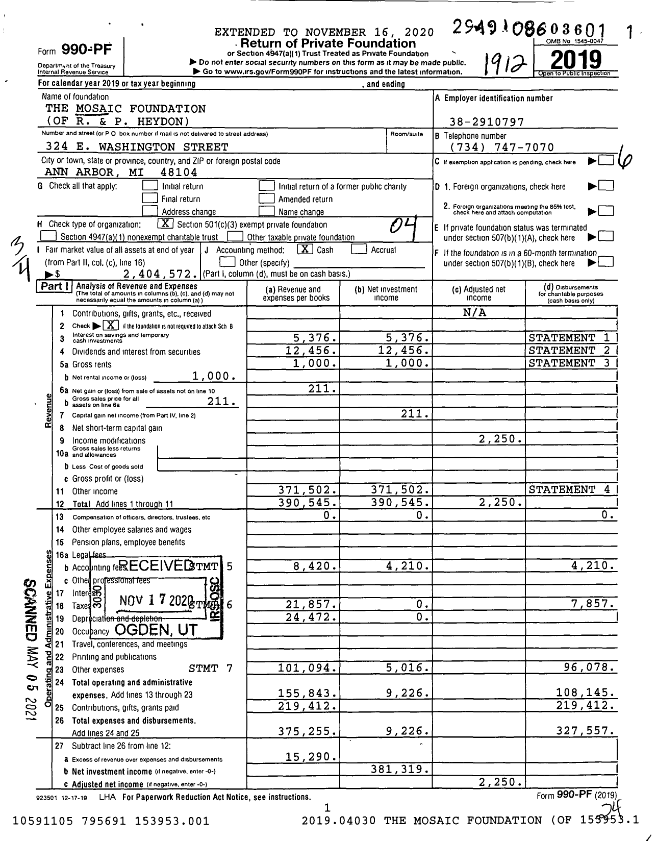 Image of first page of 2019 Form 990PF for The Mosaic Foundation