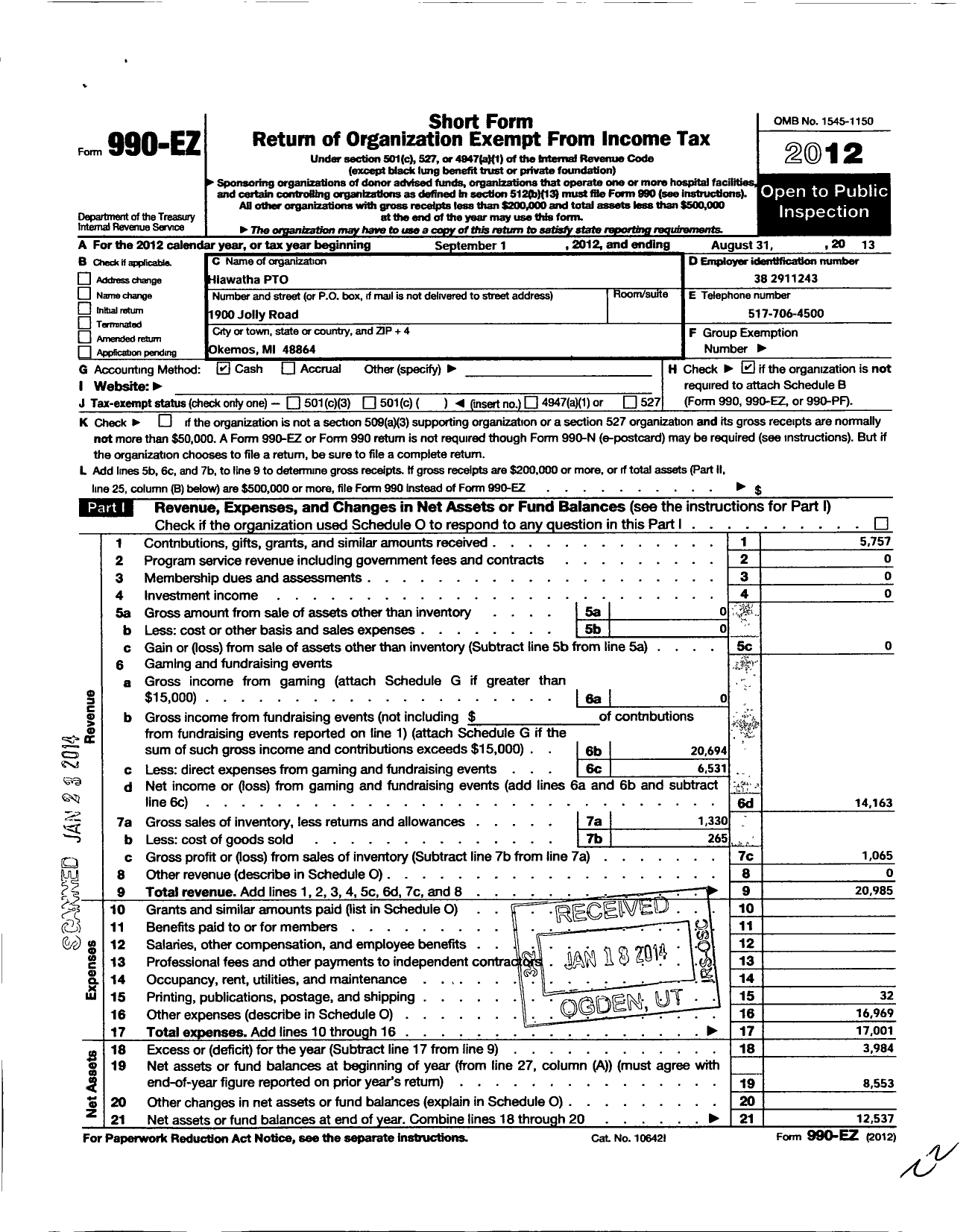 Image of first page of 2012 Form 990EO for Hiawatha Pto