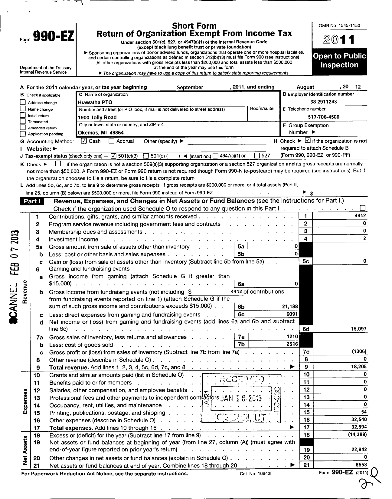 Image of first page of 2011 Form 990EZ for Hiawatha Pto