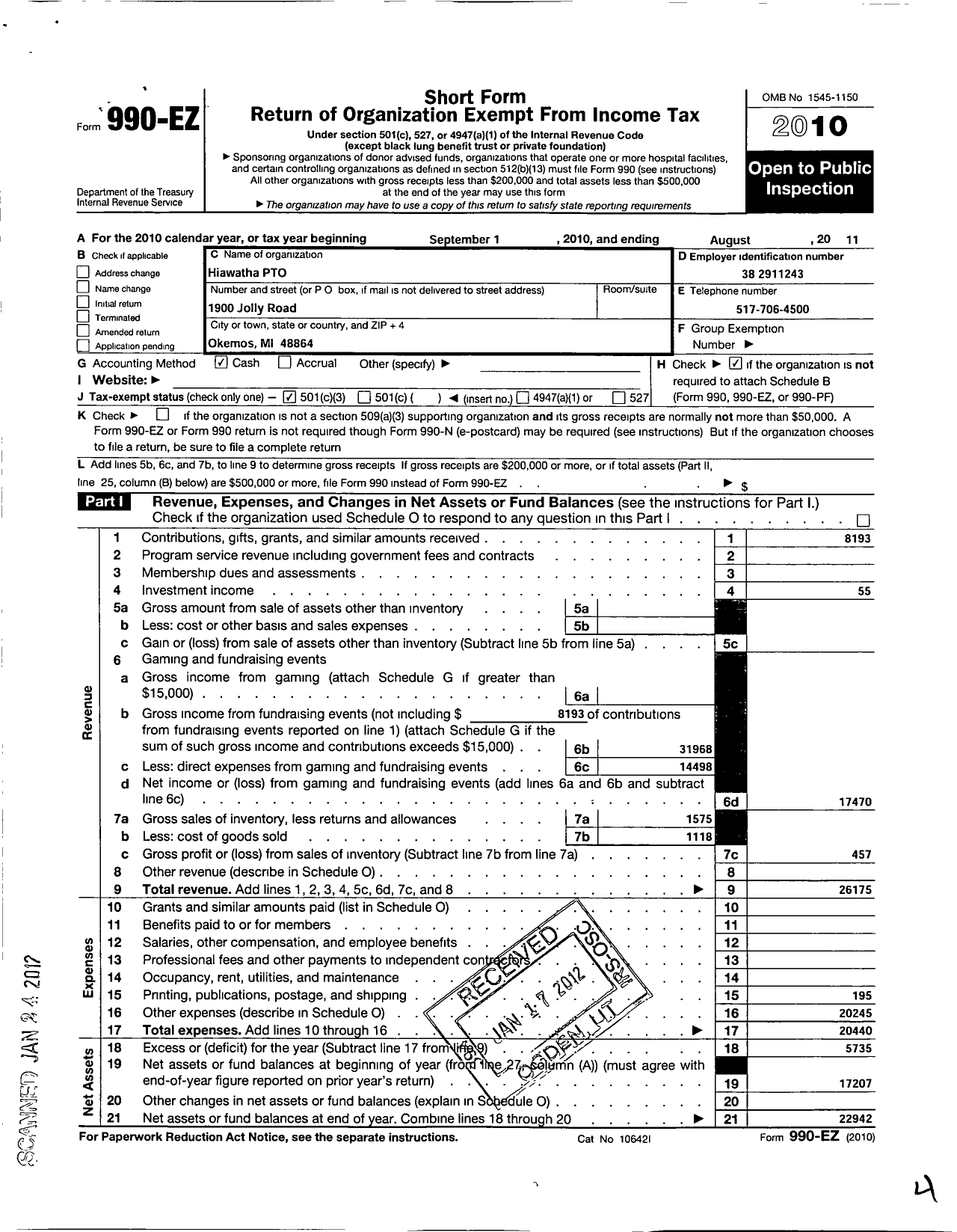 Image of first page of 2010 Form 990EZ for Hiawatha Pto