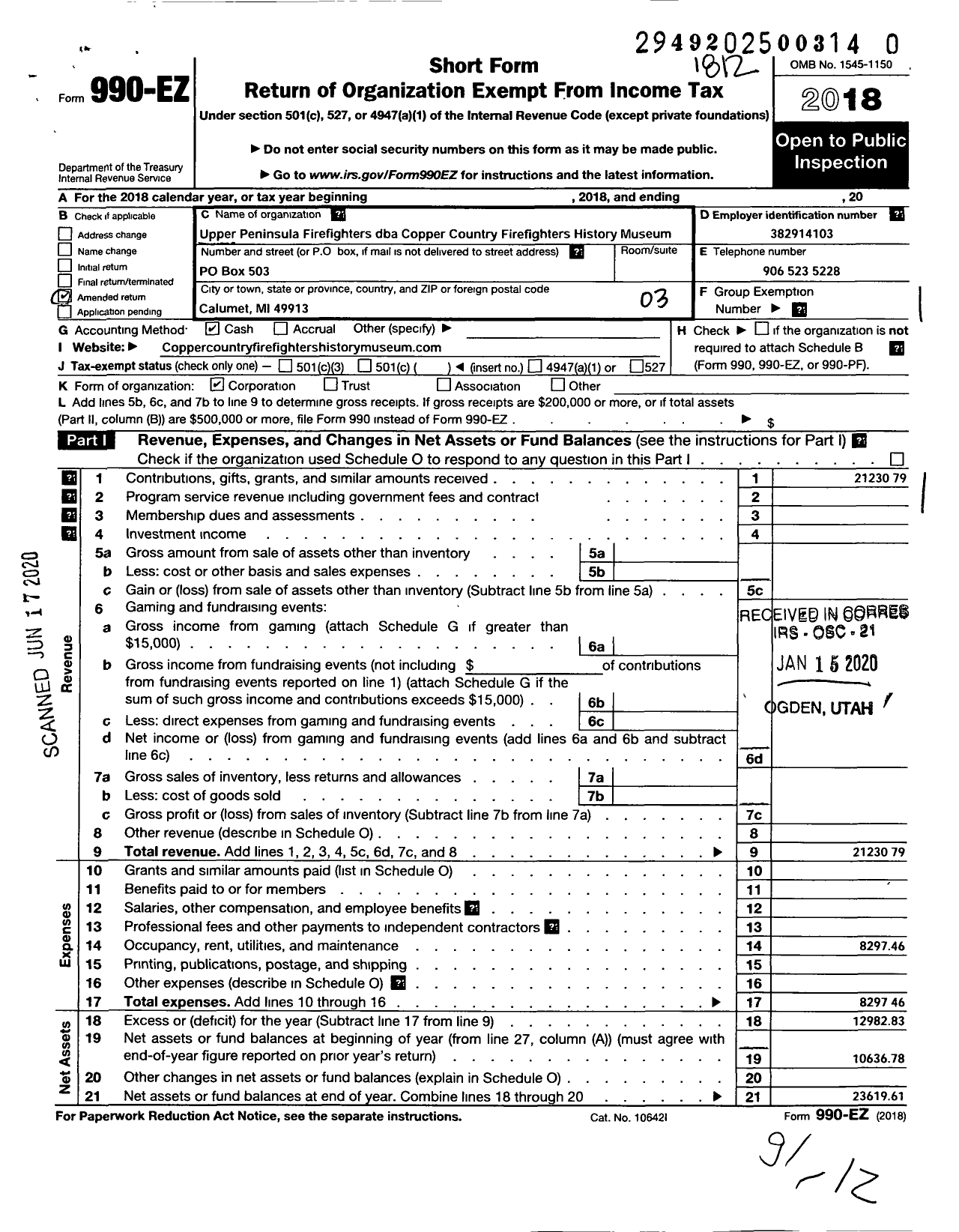 Image of first page of 2018 Form 990EZ for Upper Peninsula Firefighters Memorial Museum