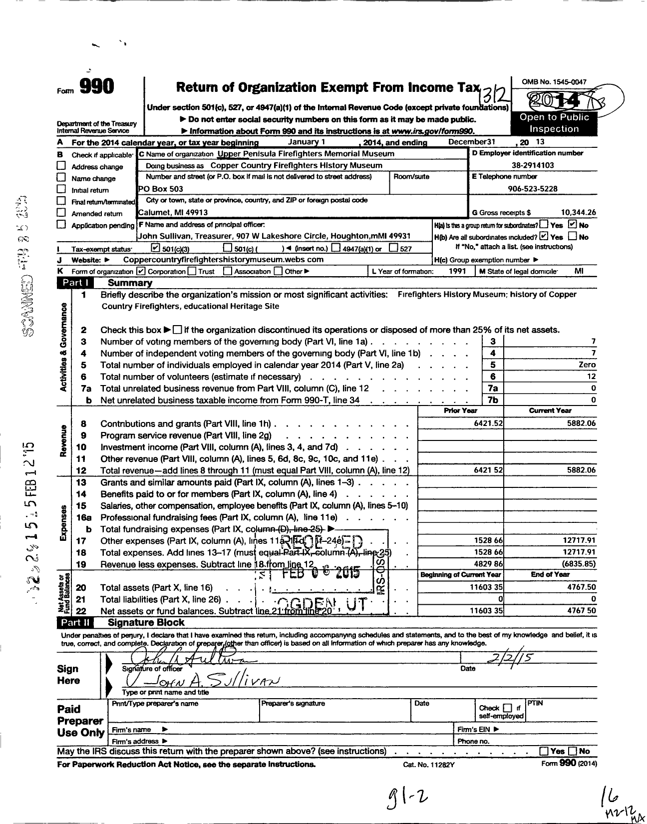 Image of first page of 2013 Form 990 for Upper Peninsula Firefighters Memorial Museum