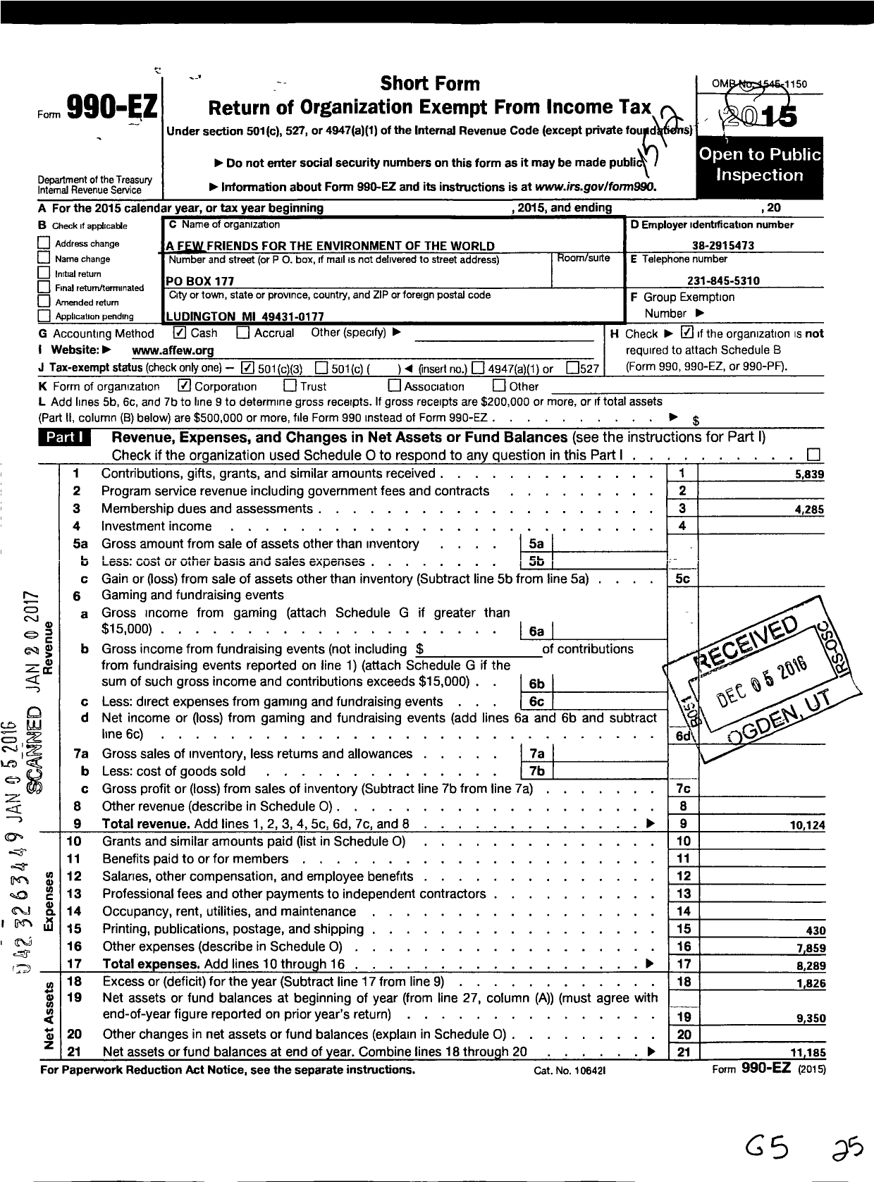 Image of first page of 2015 Form 990EZ for A Few Friends for the Environment of the World and Their Children