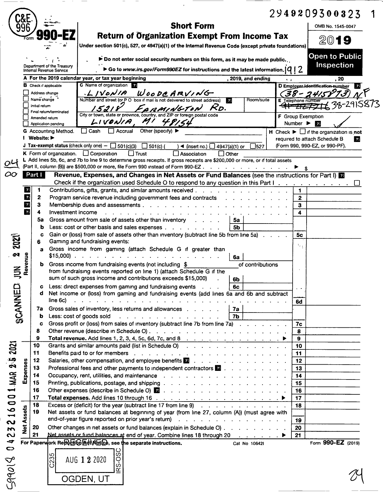 Image of first page of 2019 Form 990EO for Livonia Woodcarvers Carvers