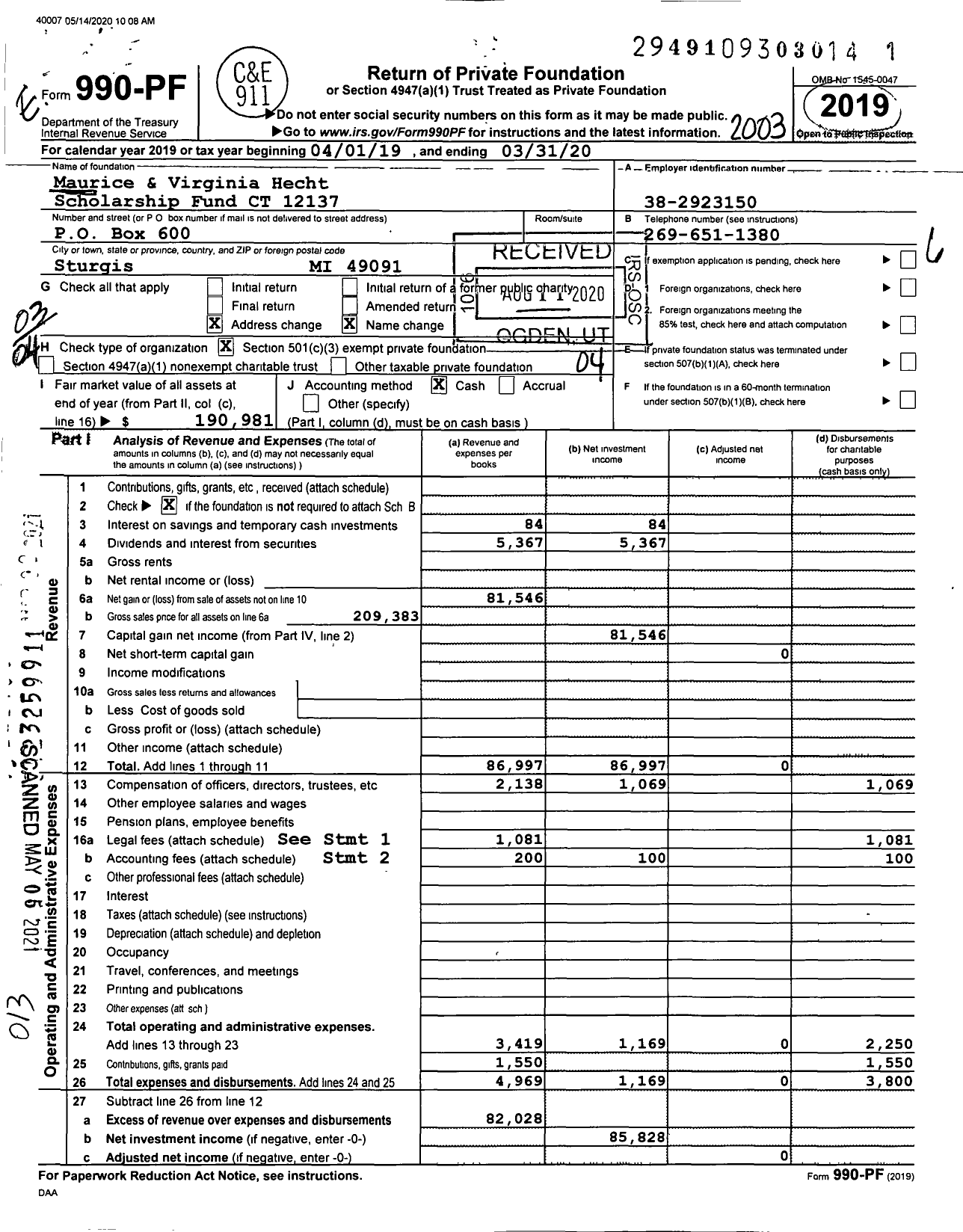 Image of first page of 2019 Form 990PF for Maurice and Virginia Hecht Scholarship Fund CT 12137