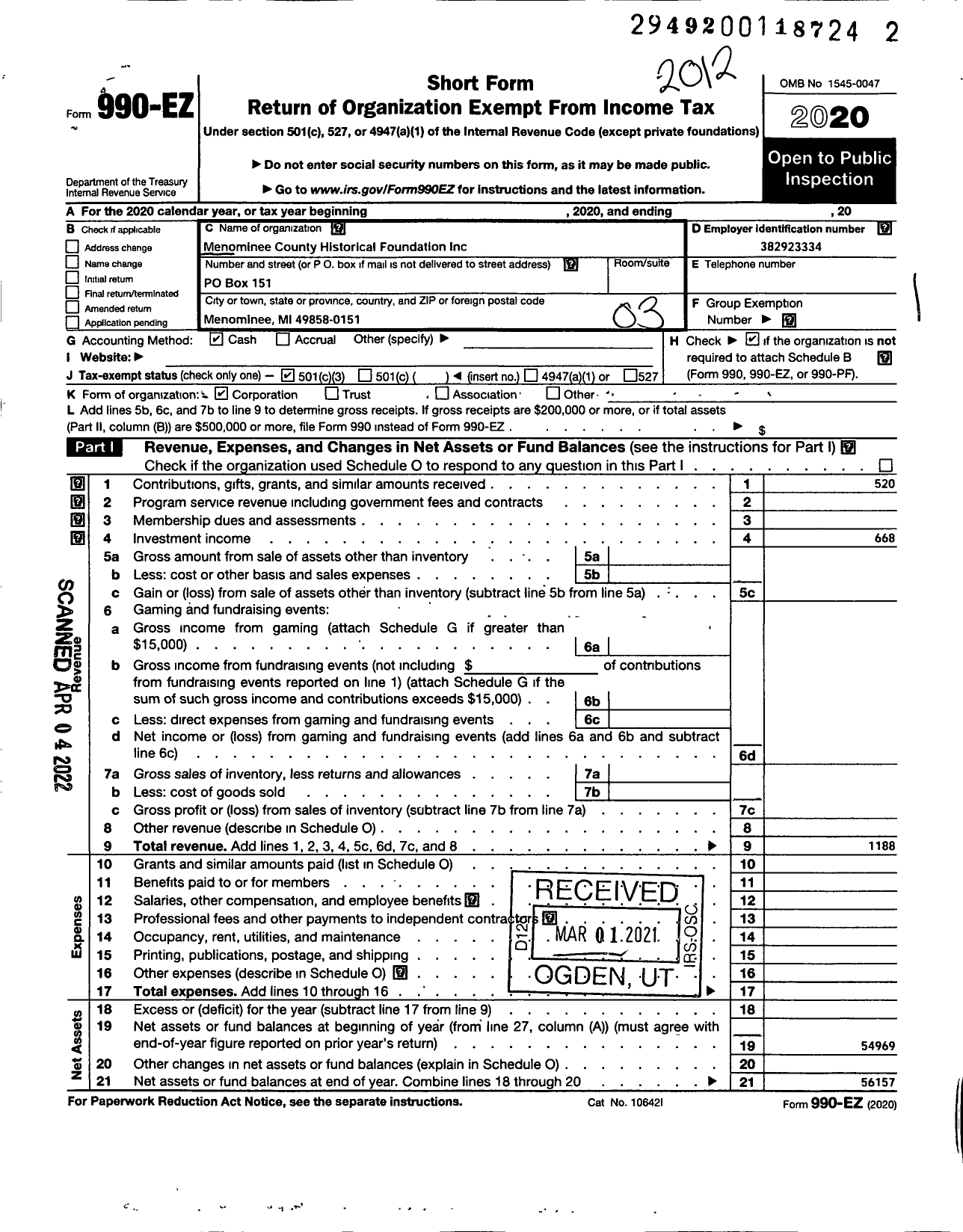 Image of first page of 2020 Form 990EZ for Menominee County Historical Foundation