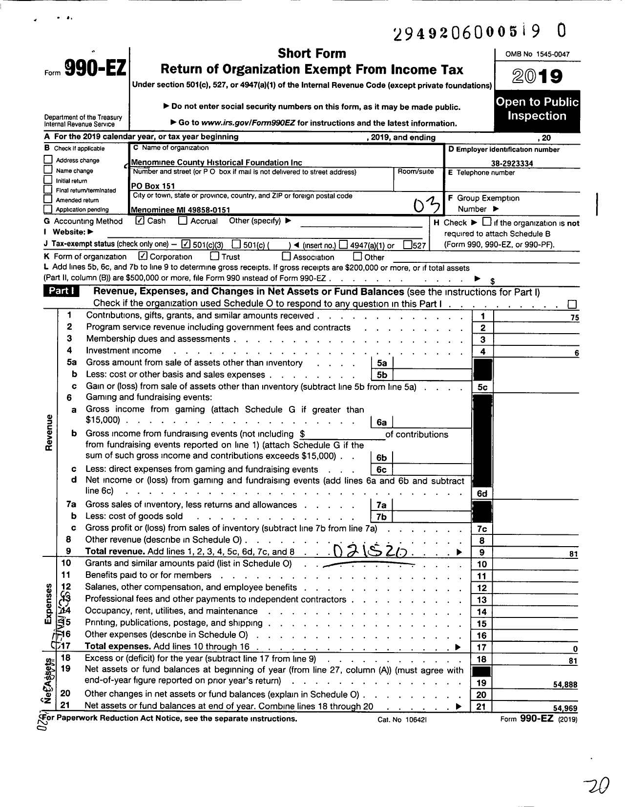 Image of first page of 2019 Form 990EZ for Menominee County Historical Foundation