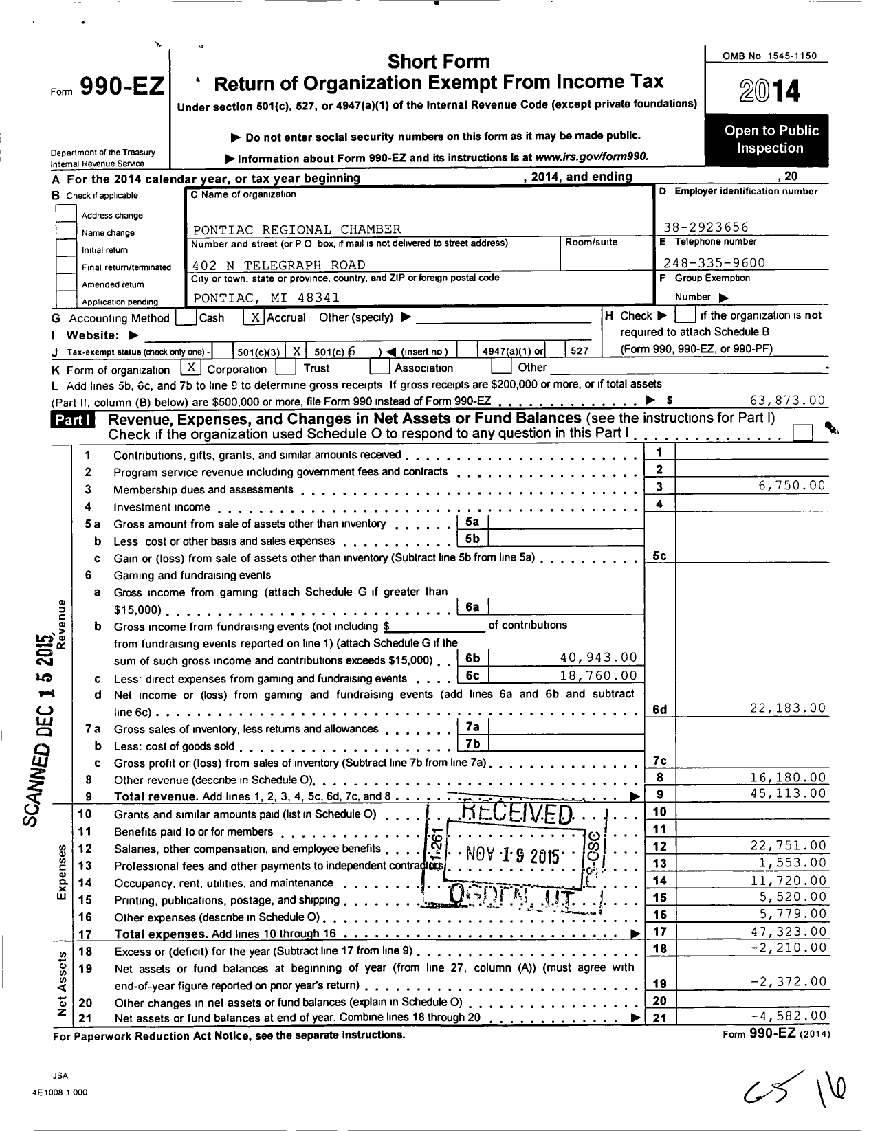 Image of first page of 2014 Form 990EO for Pontiac Regional Chamber