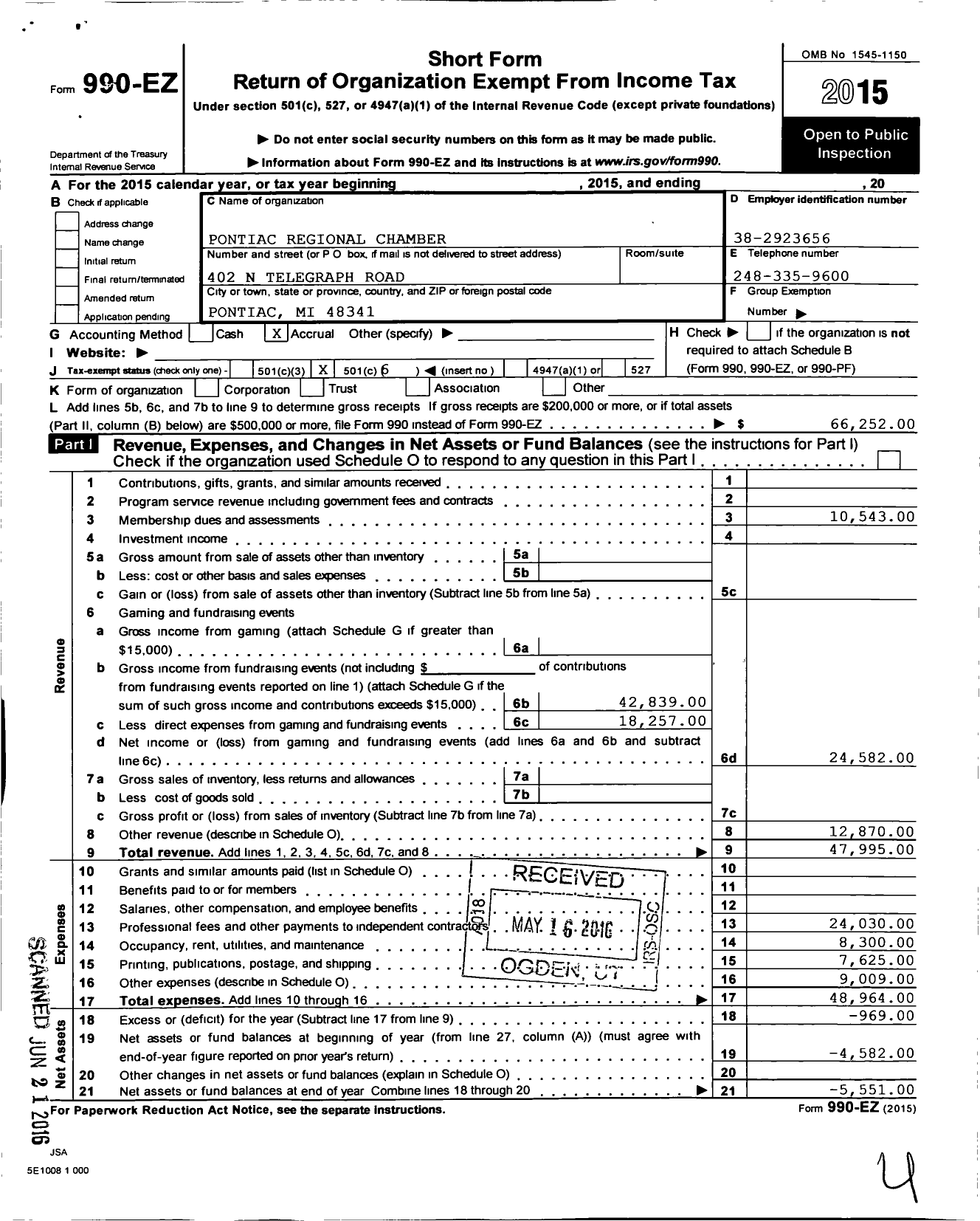 Image of first page of 2015 Form 990EO for Pontiac Regional Chamber