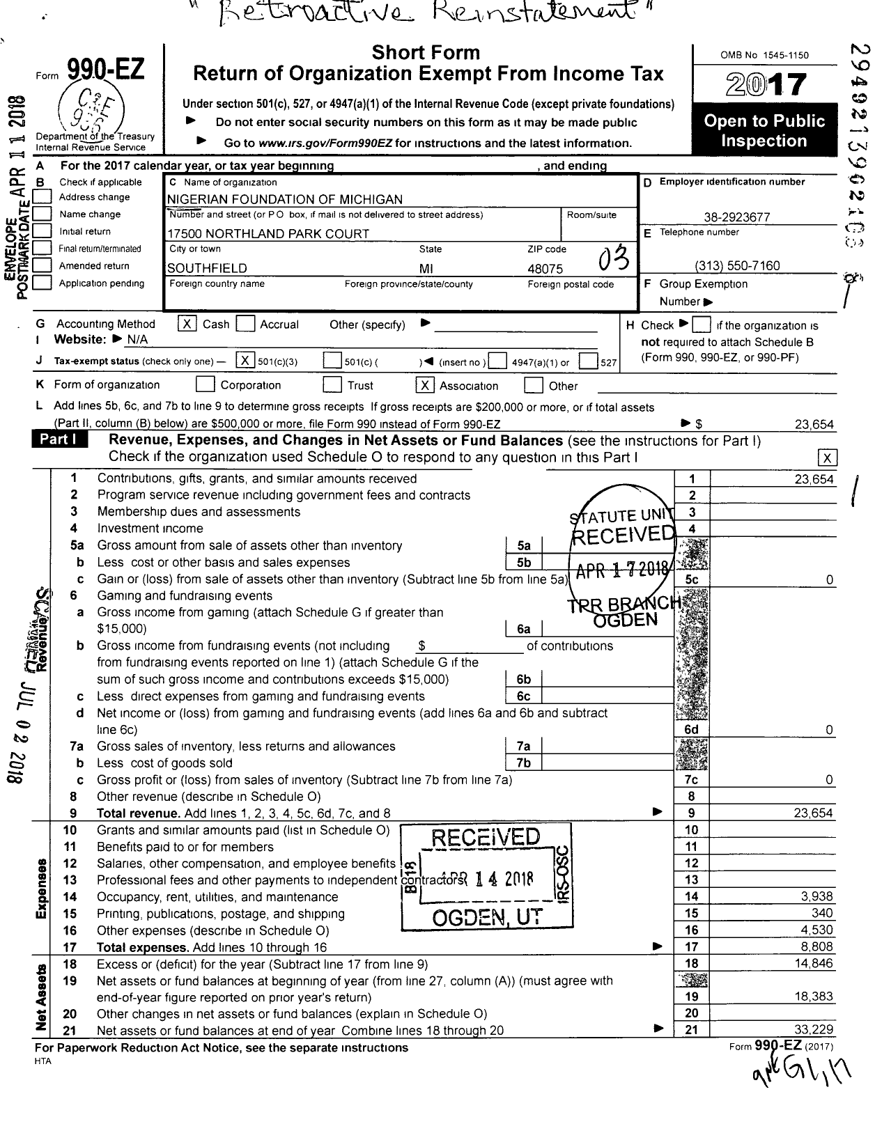 Image of first page of 2017 Form 990EZ for Nigerian Foundation of Michigan