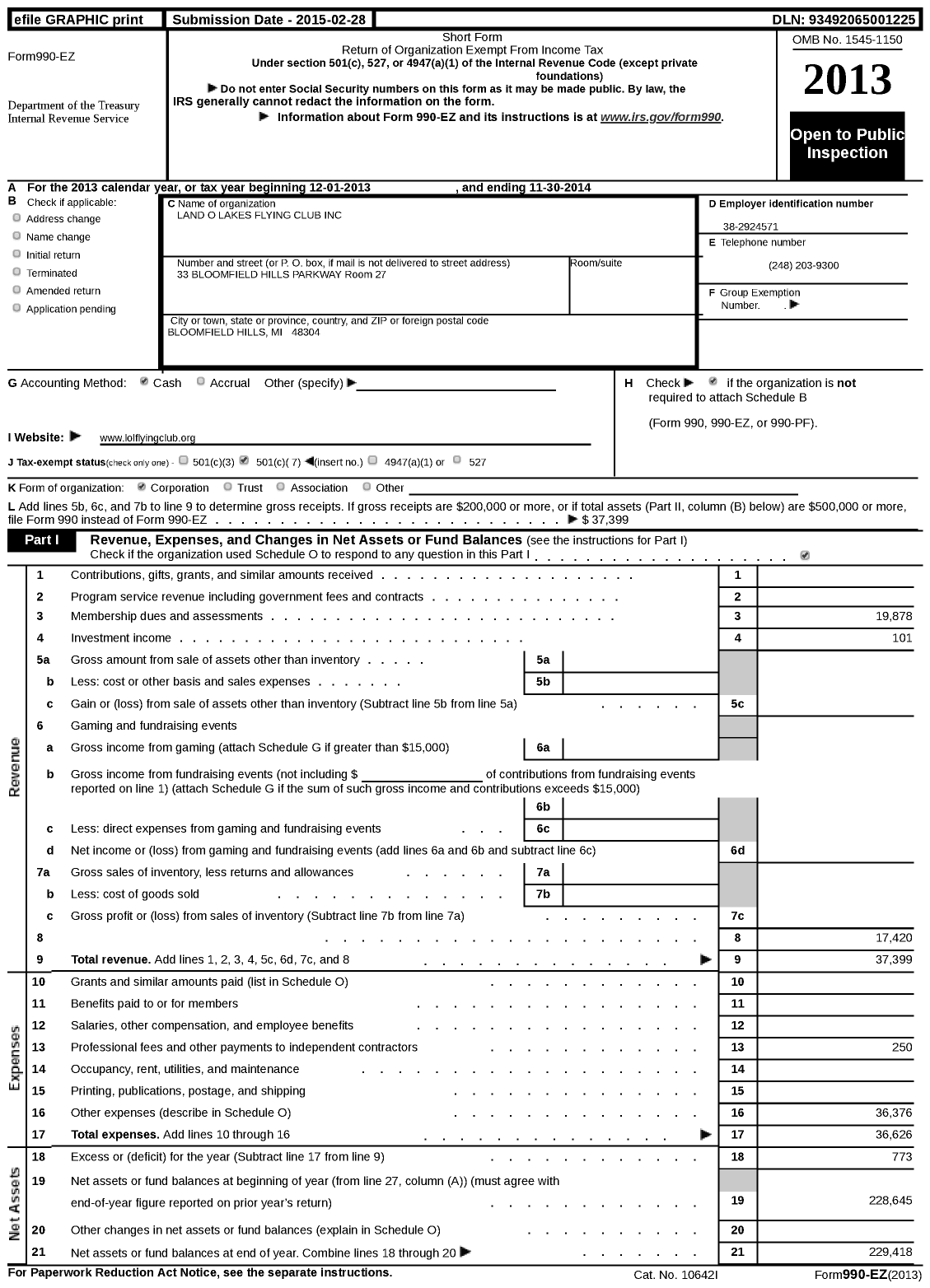 Image of first page of 2013 Form 990EZ for Land O Lakes Flying Club