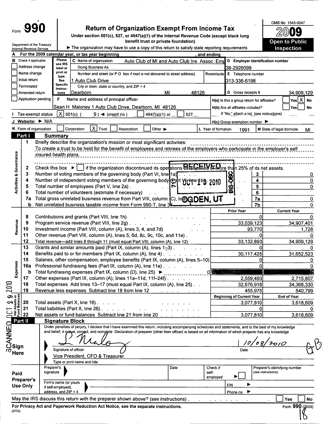 Image of first page of 2009 Form 990O for Auto Club of Mi and Auto Club Ins Association Employee B
