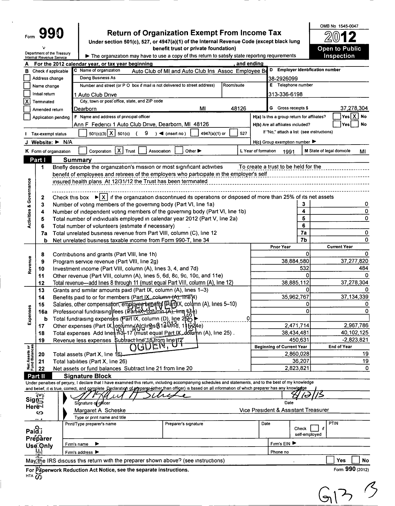 Image of first page of 2012 Form 990O for Auto Club of Mi and Auto Club Ins Association Employee B
