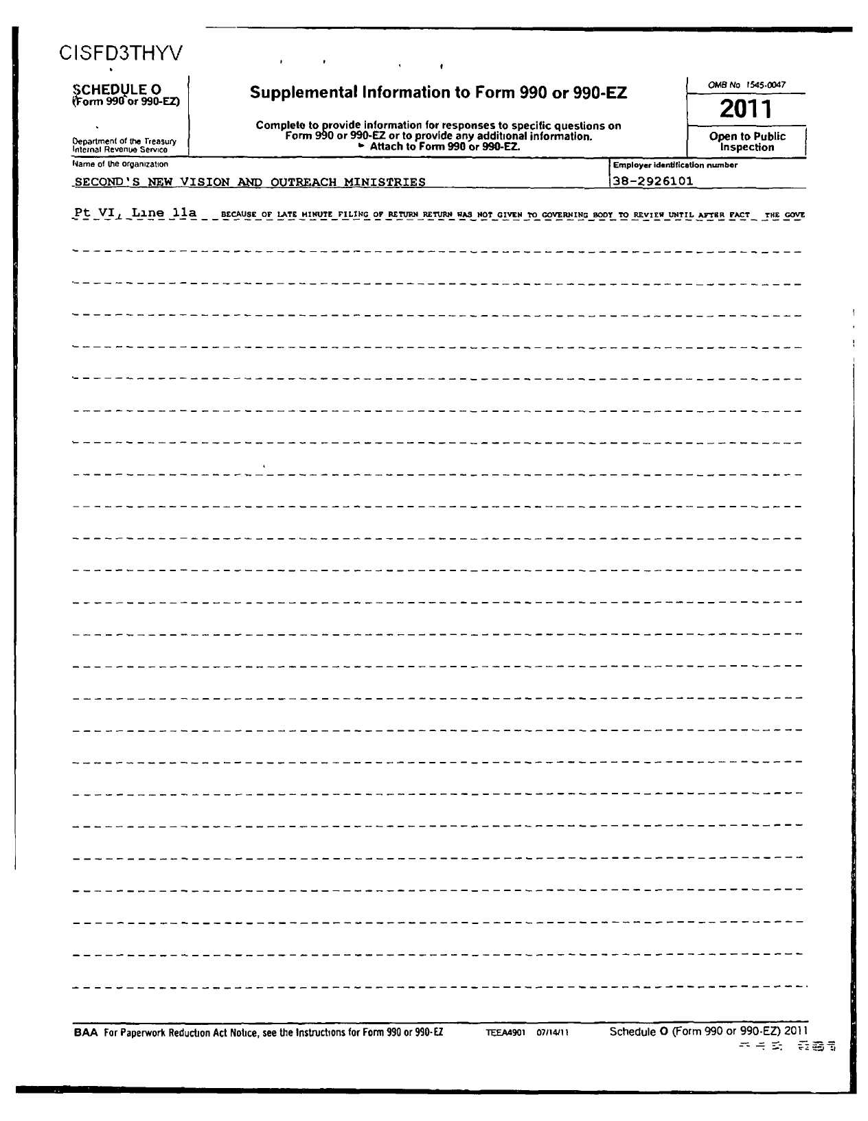 Image of first page of 2011 Form 990R for Second's New Vision and Outreach Ministries