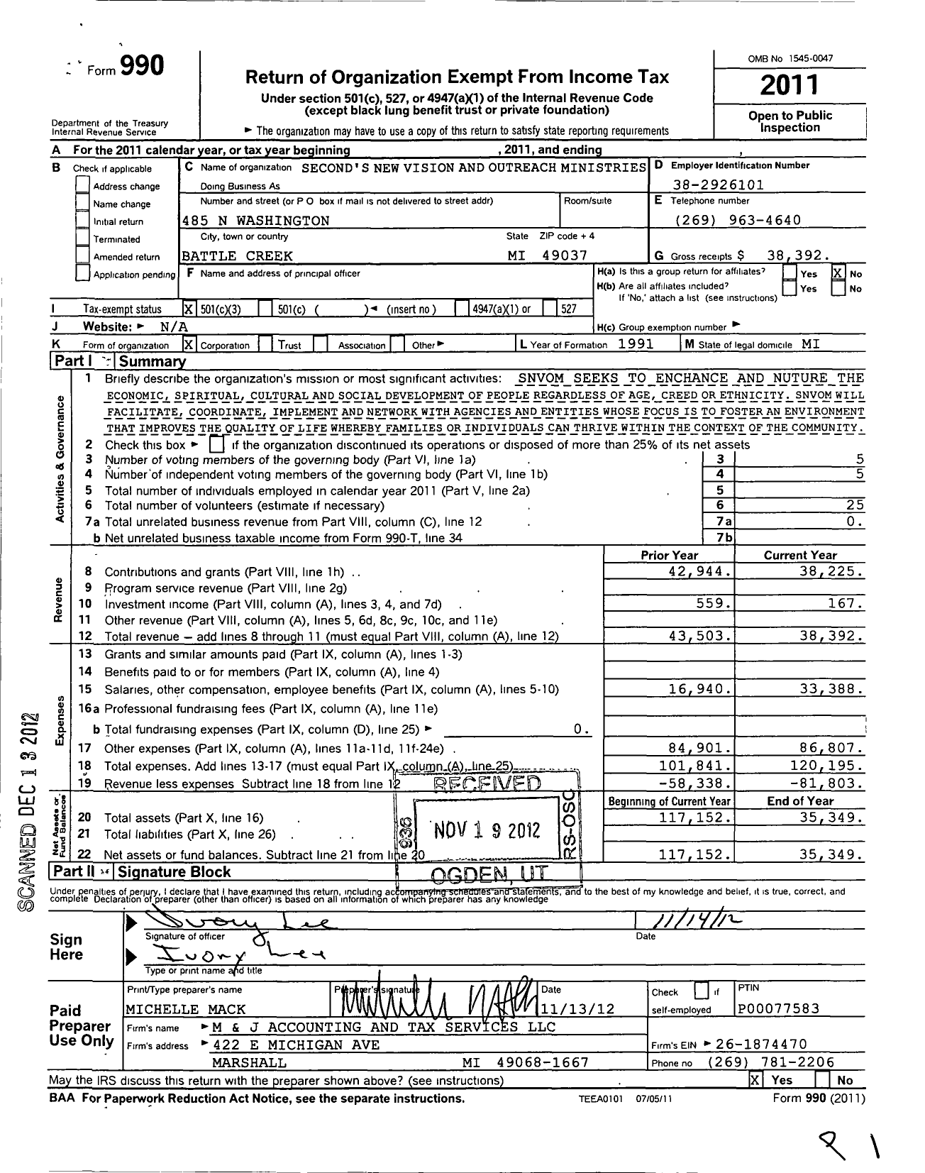 Image of first page of 2011 Form 990 for Second's New Vision and Outreach Ministries