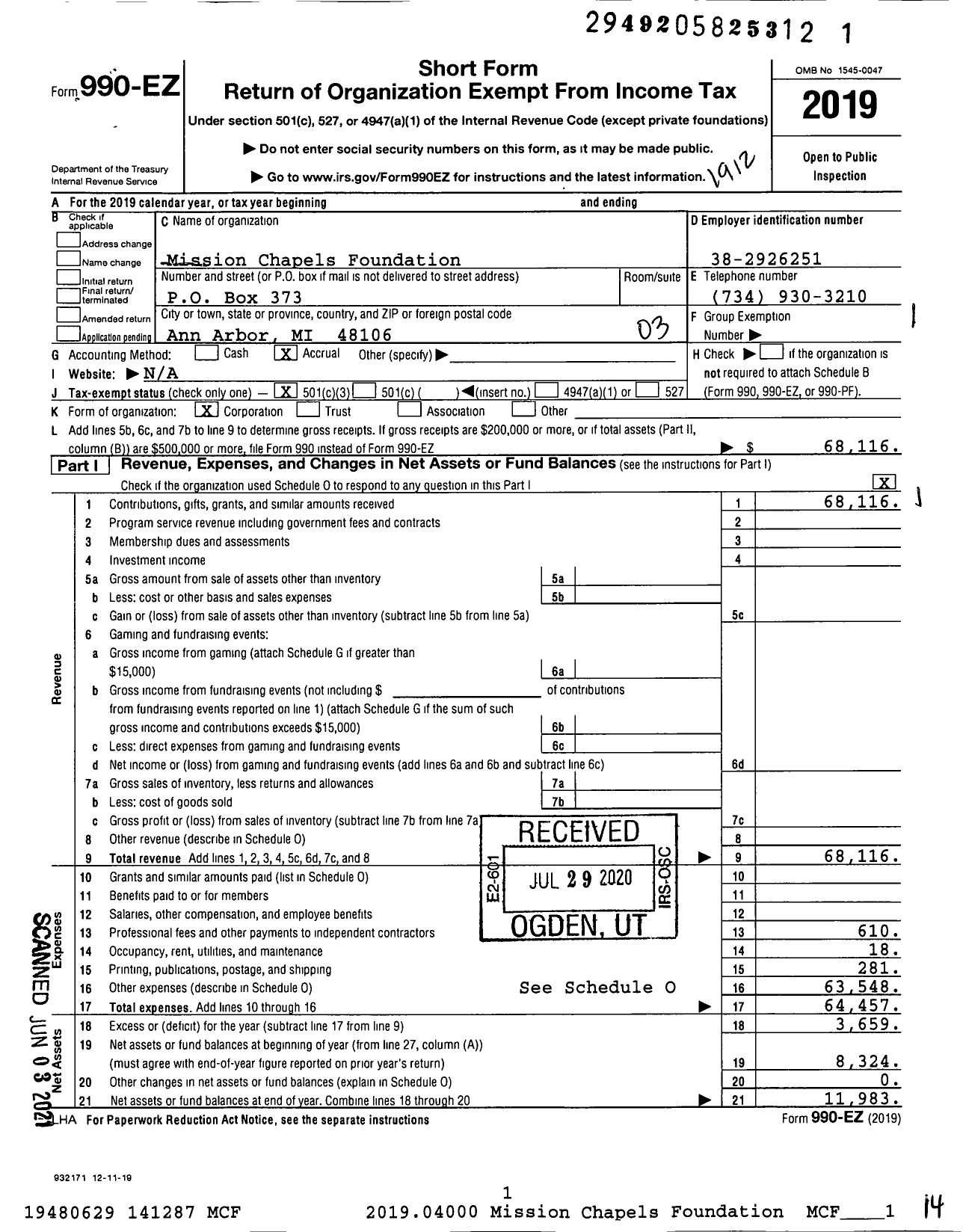 Image of first page of 2019 Form 990EZ for Mission Chapels Foundation