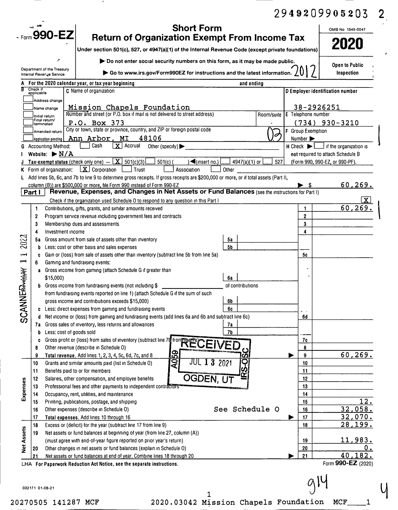 Image of first page of 2020 Form 990EZ for Mission Chapels Foundation